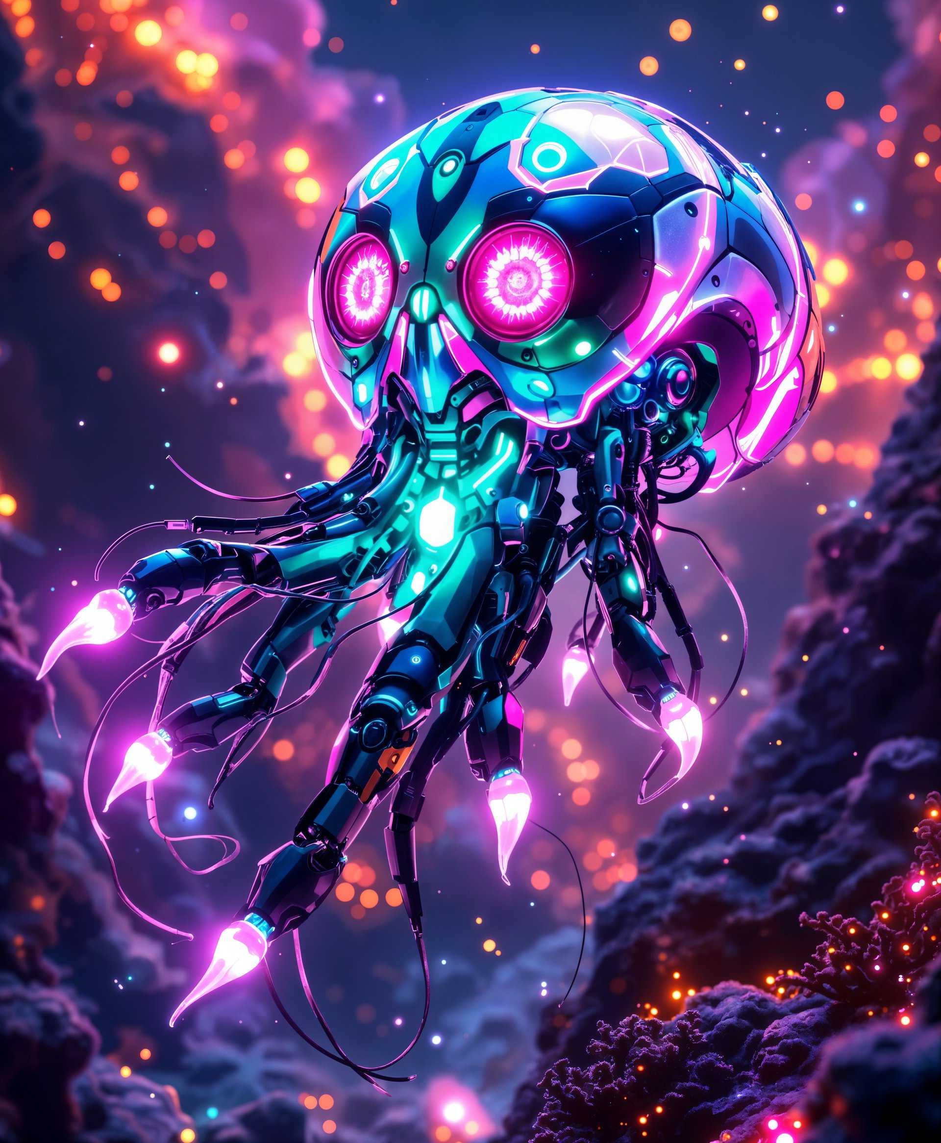 masterpiece, best quality, highres, sharp image, more detail, masterpiece, best quality, highres, sharp image, more detail, **Highly Detailed Portrait of a Mecha Jellyfish in the Futuristic Wild Sea**

* **Subject**: A mecha jellyfish, its body composed of sleek, metallic alloys and glowing with neon-like lights. The mechanical components mimic the delicate, translucent quality of a real jellyfish, with intricate, articulated arms extending like tentacles.

* **Setting**: The futuristic wild sea, where bioluminescent algae and cybernetic coral reefs light up the underwater scene. The water is clear, allowing for visibility of the sea floor, which is dotted with futuristic ruins and advanced technology.

* **Visual Details**: 
    - **Texture**: The mecha jellyfish has a smooth, reflective surface with visible mechanical joints and hydraulic systems. 
    - **Color**: Predominantly in shades of iridescent blue and green, with accents of neon pink and purple from the bioluminescence.
    - **Lighting**: Soft, diffused light from the bioluminescent elements, creating an ethereal glow around the subject. The light sources are scattered, casting dynamic shadows.

* **Style**: 
    - **Artistic Influence**: Inspired by cyberpunk art, with a touch of surrealism to blend the organic with the mechanical.
    - **Photography Technique**: High dynamic range imaging (HDR) to capture the full spectrum of light and shadow, emphasizing the contrast between the mechanical and the natural.

* **Composition**: 
    - **Subject Positioning**: The mecha jellyfish is centered, its tentacles reaching out in all directions, creating a dynamic, radial symmetry.
    - **Camera Angle**: A low angle, looking up at the jellyfish to emphasize its grandeur and the depth of the sea below.
    - **Framing**: Framed to include a portion of the futuristic ruins or advanced technology in the background, giving context to the setting.

* **Mood and Atmosphere**: 
    - **Feeling**: A sense of awe, mystery, and technological wonder.
    - **Time of Day**: Twilight, with the sky above the water reflecting the colors of the sea's bioluminescence.
    - **Weather**: Calm waters, with gentle currents causing subtle movements in the jellyfish's tentacles.

* **Technical Aspects**: 
    - **Depth of Field**: Shallow to focus on the mecha jellyfish, with the background slightly blurred to suggest depth.
    - **Exposure**: Long exposure to capture the trails of light from the moving bioluminescent elements.

* **Cohesion**: All elements work together to create a unified, believable scene where