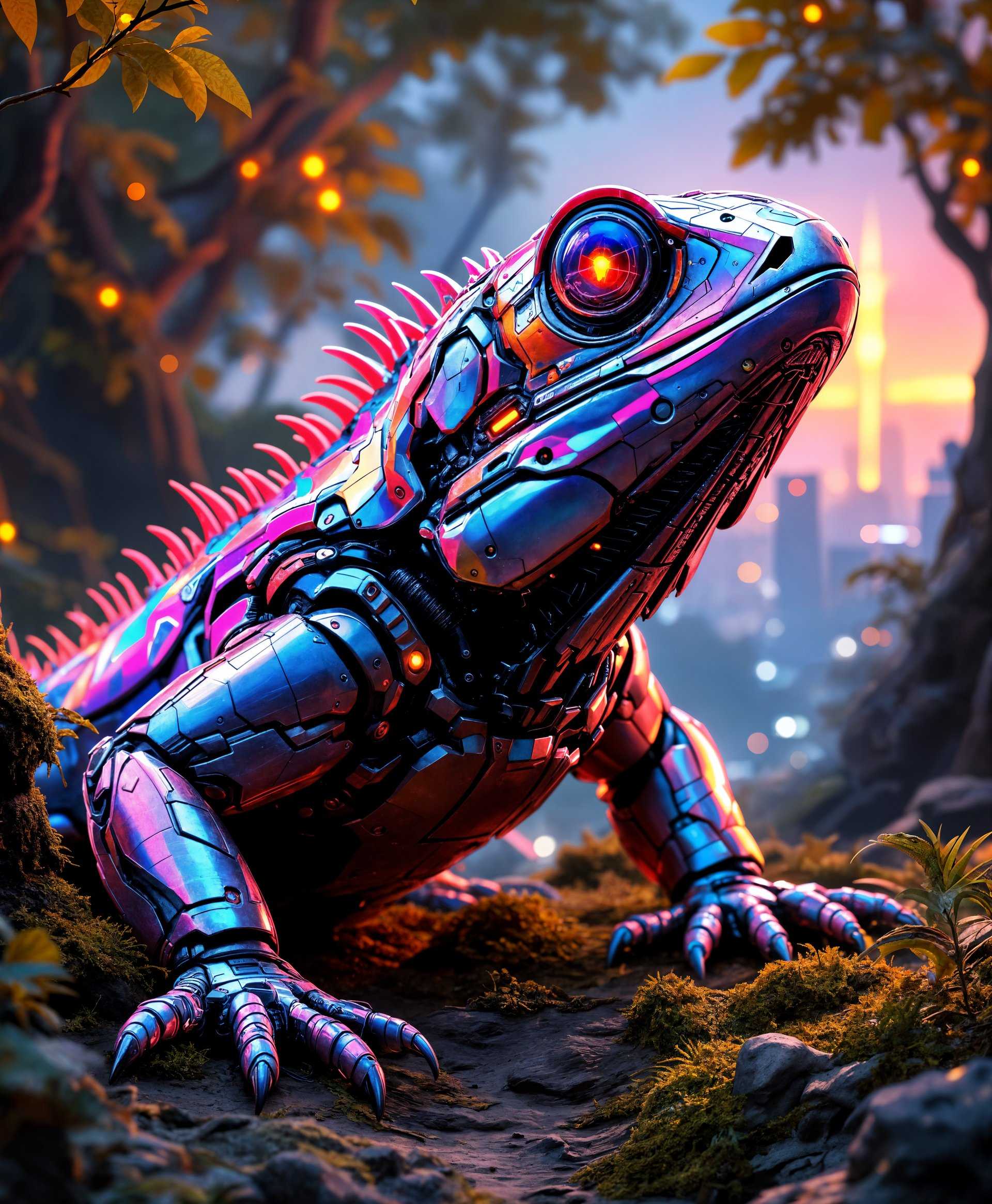 masterpiece, best quality, highres, sharp image, more detail, masterpiece, best quality, highres, sharp image, more detail, Create a highly detailed portrait of a **Mecha Iguana** in a **futuristic wild** setting:

- **Subject**: A majestic, highly detailed mecha iguana with iridescent metal scales that reflect light in a spectrum of colors, intricate mechanical joints, and glowing LED eyes that illuminate the surrounding area.
  
- **Setting**: The iguana is set amidst a futuristic wilderness, with towering, bio-engineered trees with glowing leaves, and a backdrop of a neon-lit city skyline in the distance, partially obscured by a lush, verdant canopy.

- **Visual Details**: 
  - The iguana's scales are meticulously crafted, showing wear and tear with scratches and dents, highlighting its existence in this wild environment. 
  - The metal texture should have a slight weathering effect, with rust and patina in some areas, suggesting a lived-in realism.
  - Emphasize the contrast between the natural elements like moss, vines, and the metallic, industrial design of the mecha creature.

- **Style**: The image should mimic the style of **cyberpunk** art, with high contrast lighting, neon colors, and a fusion of organic and machine elements. The composition should reflect the dramatic and often dystopian aesthetic of cyberpunk.

- **Composition**: 
  - The mecha iguana should be the focal point, positioned to the left of center, looking towards the viewer or slightly to the right, creating a dynamic tension with the environment.
  - Utilize a shallow depth of field to blur the neon cityscape in the background, keeping the iguana in sharp focus.
  - The camera angle should be slightly below eye level to give the iguana a commanding presence.

- **Mood and Atmosphere**: 
  - The scene should evoke a sense of awe and wonder, mixed with a touch of danger, as if the viewer has stumbled upon a secret, hidden world.
  - The time is dusk, with the sky painted in hues of deep purples, oranges, and blues, with the neon lights from the city creating a surreal atmosphere.
  - The air is humid and thick, with visible steam or mist rising from the ground, adding to the mysterious ambiance.

- **Technical Aspects**: 
  - Use a wide aperture to achieve the shallow depth of field, enhancing the focus on the mecha iguana while softening the background details.
  - Employ HDR techniques to capture the wide range of lighting from the neon lights to the soft glow of the bio-luminescent flora