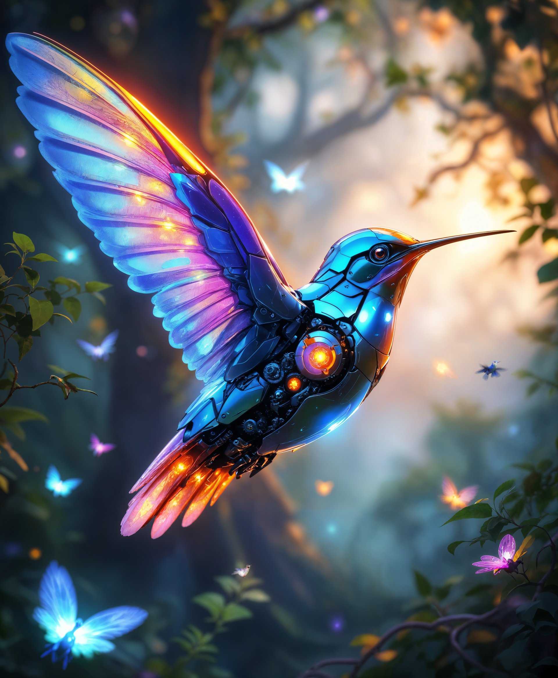 masterpiece, best quality, highres, sharp image, more detail, masterpiece, best quality, highres, sharp image, more detail, **Subject**: A highly detailed mecha Hummingbird, its mechanical body adorned with iridescent, metallic feathers that mimic the vibrant colors of a real hummingbird. Its wings are in mid-motion, blurred to suggest rapid movement, with intricate gears and pistons visible beneath the shimmering surface.

**Setting**: In the heart of a futuristic wild, where towering trees with luminous leaves and bio-luminescent flora create an otherworldly forest. The background shows a blend of nature and technology, with vines entwined with cables and robotic insects fluttering among the foliage.

**Visual Details**:
- **Colors**: The scene is bathed in soft, twilight hues with neon accents from the flora and fauna, providing a contrast to the predominantly metallic tones of the mecha Hummingbird.
- **Lighting**: Directional lighting from above highlights the hummingbird, casting sharp shadows that emphasize its mechanical nature, while ambient light from the surroundings creates an ethereal glow.
- **Textures**: The hummingbird's body has a brushed metal texture with polished chrome highlights, while the environment features rough bark, smooth leaves, and glossy, artificial surfaces.

**Style**: Inspired by the cyberpunk aesthetic with a touch of Steampunk detailing, the image should evoke a sense of high-tech fantasy, blending natural elements with advanced technology in a seamless, harmonious way.

**Composition**: The hummingbird is the focal point, positioned in the center, slightly off to the right, allowing for a dynamic, diagonal view. The camera angle is low, looking up at the hummingbird as if from the perspective of a small creature on the forest floor, capturing its majesty and speed.

**Mood and Atmosphere**: The atmosphere is serene yet mysterious, with the forest exuding a sense of untamed wilderness combined with the quiet hum of futuristic technology. The time is twilight, with the sun setting, casting long shadows and enhancing the bioluminescence.

**Technical Aspects**: 
- **Depth of Field**: A shallow depth of field with the hummingbird in sharp focus and the background slightly blurred to emphasize the subject.
- **Lens**: Use a macro lens effect to capture the fine details of the mecha hummingbird's feathers and mechanisms.

**Cohesion**: All elements, from the mechanical hummingbird to the futuristic forest, should blend seamlessly to create a believable, immersive scene where technology and nature coexist in harmony, evoking a sense of wonder and the unknown.