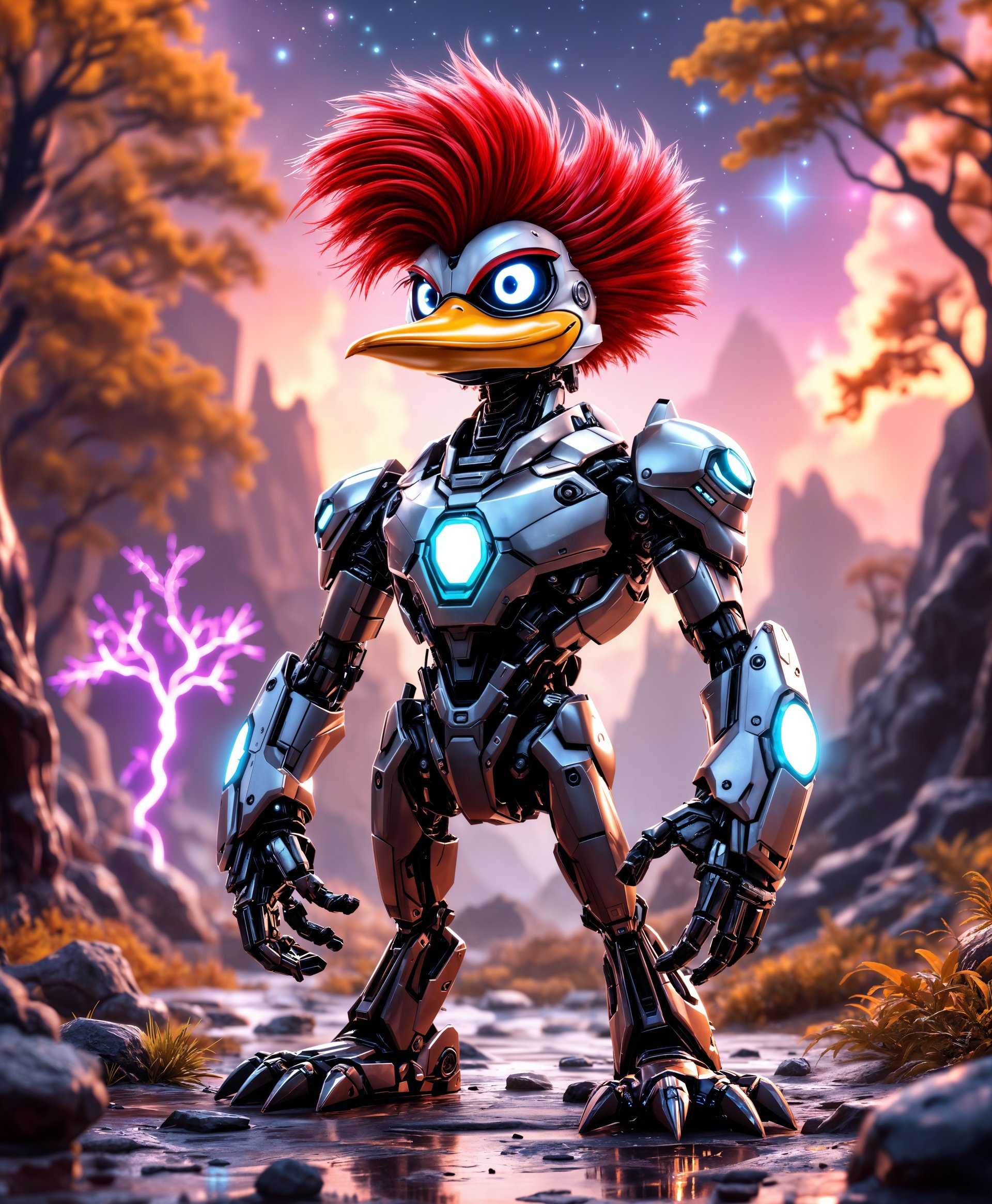 masterpiece, best quality, highres, sharp image, more detail, masterpiece, best quality, highres, sharp image, more detail, Create an ultra-high-definition, intricately detailed portrait of a **Mecha Woody Woodpecker** in a futuristic, untamed wilderness:

- **Subject**: Woody Woodpecker reimagined as a sleek, advanced mecha with dynamic poses, showcasing his animated personality through mechanized features. His metallic feathers should reflect the environment, and his eyes should gleam with digital precision.

- **Setting**: Place him amidst a **futuristic wild landscape** where nature has evolved with technology. Trees are cybernetic with glowing leaves, the ground has a holographic texture, and the sky is a canvas of digital stars and neon clouds.

- **Visual Elements**: 
  - **Textures**: Use a mix of brushed metal, reflective surfaces, and holographic displays on Woody's body. The environment should feature organic yet futuristic textures like bioluminescent vines and metallic bark.
  - **Colors**: Employ a palette of neon greens, electric blues, and holographic purples to contrast with the metallic silver and black of Woody's mecha form.
  - **Lighting**: Utilize dramatic, high-contrast lighting with neon backlighting to highlight Woody’s mechanical components, creating sharp shadows and vibrant highlights.

- **Style**: Opt for a **cyberpunk** aesthetic, blending elements of sci-fi with natural landscapes. The style should reflect the work of artists like Tsutomu Nihei or Syd Mead, with a touch of vibrant color palettes akin to digital art.

- **Composition**: 
  - Woody should be the focal point, positioned dynamically as if in the midst of his characteristic laugh, with the camera at a low angle to emphasize his towering presence.
  - Frame the scene to include both close-up details of his mechanical parts and the expansive, wild background, creating depth and scale.

- **Mood and Atmosphere**: 
  - The atmosphere should be **vivid and dynamic**, with a sense of life and motion. The time of day is twilight, where the transition from day to night enhances the surreal glow of the futuristic environment.
  - The mood should convey a blend of **wilderness and high-tech**, evoking a sense of adventure and awe.

- **Technical Aspects**: 
  - **Photography**: Use techniques like focus stacking for detail, long exposure for light trails, and high dynamic range imaging to capture the vast range of light and shadow.
  - **Art Terms**: Employ terms like "vignette," "bokeh," "high key," and "low key" lighting to guide the image generation process.

Ensure the prompt integrates all elements to create