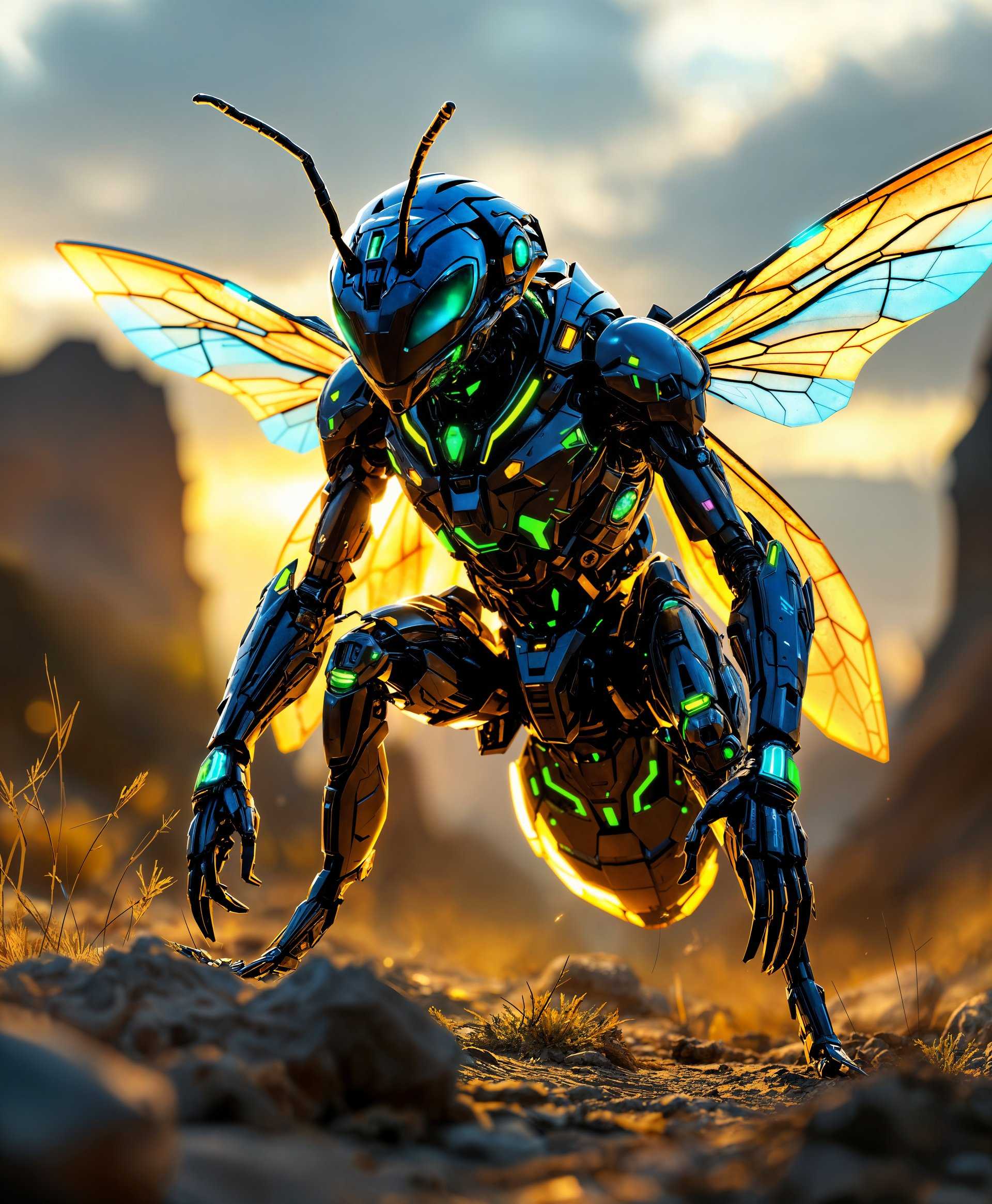 masterpiece, best quality, highres, sharp image, more detail, masterpiece, best quality, highres, sharp image, more detail, **Prompt:**

Create a highly detailed portrait of a mecha Hornet, intricately designed with a futuristic aesthetic, set against the backdrop of a wild, untamed landscape:

- **Subject**: The mecha Hornet features sleek, metallic armor with iridescent blue and yellow hues, mimicking the natural colors of a real hornet. Its body is adorned with glowing, neon accents that highlight its mechanical joints and intricate patterns, giving it a sense of advanced technology. The wings are translucent, edged with light, capable of reflecting light in a prismatic manner.

- **Lighting**: Utilize dramatic, dynamic lighting where the sun casts sharp shadows and highlights, emphasizing the textures of the mecha's surfaces. The environment should have a golden hour glow, with the sun low in the sky, casting long, warm shadows over the landscape.

- **Style**: The style should be a blend of hyper-realistic sci-fi elements with a touch of cyberpunk. Use techniques reminiscent of photorealism, but with exaggerated details to showcase the mechanical marvel of the mecha Hornet.

- **Composition**: Position the mecha Hornet in a dynamic pose, perhaps landing or taking off, in the center of the frame. The camera angle should be from a low perspective, looking up at the mecha to convey its imposing size and presence. The background should include wild, overgrown flora with futuristic elements subtly integrated, like vines wrapping around metallic structures or glowing plants.

- **Mood and Atmosphere**: The scene should evoke a sense of awe and the unknown, with a touch of danger. The time of day should be late afternoon, with the sun setting, creating a mix of warm and cool tones. The atmosphere should be slightly misty, enhancing the sense of mystery and depth in the wild landscape.

- **Technical Aspects**: Employ depth of field to keep the mecha Hornet in sharp focus while the background gently blurs. Use a wide aperture for this effect, ensuring the mecha's details stand out. Consider using lens flares to enhance the futuristic feel and add to the dramatic lighting.

- **Cohesion**: All elements should blend seamlessly to create a believable, immersive scene where futuristic technology coexists with the untamed wild. The mecha Hornet should look like it belongs in this environment, perhaps with elements of the landscape subtly integrated into its design or vice versa.