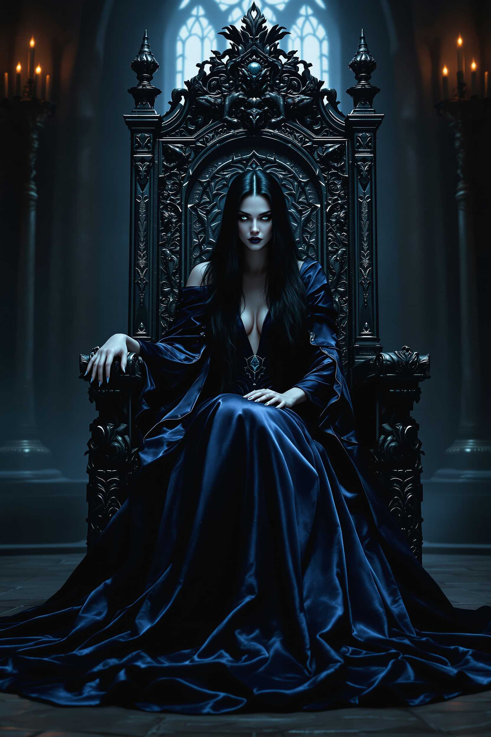 In a dimly lit, cavernous hall, the **Queen of Shadows** sits atop an **ebony throne** adorned with **intricate carvings** of mythical creatures, their eyes glinting with **sapphire inlays**. Her **long, flowing black hair** cascades over the **high backrest**, merging with the **dark shadows** that envelop the room. She wears a **silk gown** of **midnight blue**, shimmering subtly with **silver threads**, its **velvet cloak** pooling around her like a **dark pool**. Her **alabaster skin** contrasts sharply with her **dark attire**, and her **eyes**, **piercing and cold**, gaze down at you with **disdain**.

**Style**: This scene is rendered in a **hyper-realistic** style, reminiscent of **Greg Rutkowski's** detailed fantasy art, with **chiaroscuro** lighting techniques to enhance the dramatic contrast between light and shadow.

**Composition**: The camera is positioned at **eye level** from the perspective of someone standing before the throne, emphasizing the queen's **dominant presence**. The throne is **centered** in the frame, with the queen's **gaze** directly engaging the viewer. The background is **softly blurred**, focusing attention on her and the throne.

**Mood and Atmosphere**: The atmosphere is **cold** and **oppressive**, with **flickering candlelight** casting **long shadows** across the stone floor, enhancing the **mysterious** and **foreboding** ambiance. The time is **evening**, with the **last rays of sunlight** barely penetrating the room, adding to the **eerie**, **twilight feel**.

**Technical Aspects**: Use **bokeh** to blur the background, **high key lighting** to highlight the queen's face, and **long exposure** to capture the **ethereal quality** of her cloak. The image should have a **high dynamic range** to ensure details are visible in both the darkest shadows and the lightest highlights.