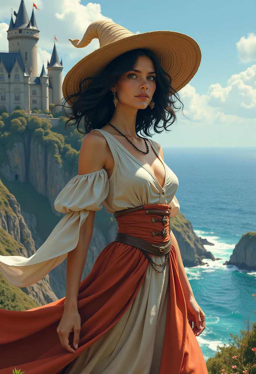Wizard casting spell formations in the air, Sporting outfit, divided skirt, and straw hat, Trailblazer, Tall, in shape, Square Face, Fair Skin, Black Hair, silver Eyes, Long Nose, Thin Lips, Sharp Chin, Shoulder-Length Hair, Wavy Hair, Stacked Bob, augmented breasts, Hoop earrings, coral cream lipstick, A sprawling castle, perched high on a rocky cliff overlooking the sea
