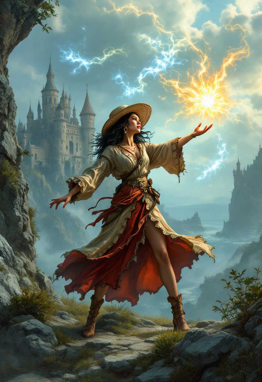 Wizard casting spell formations in the air, Sporting outfit, divided skirt, and straw hat, Trailblazer, Tall, in shape, Square Face, Fair Skin, Black Hair, silver Eyes, Long Nose, Thin Lips, Sharp Chin, Shoulder-Length Hair, Wavy Hair, Stacked Bob, augmented breasts, Hoop earrings, coral cream lipstick, A sprawling castle, perched high on a rocky cliff overlooking the sea