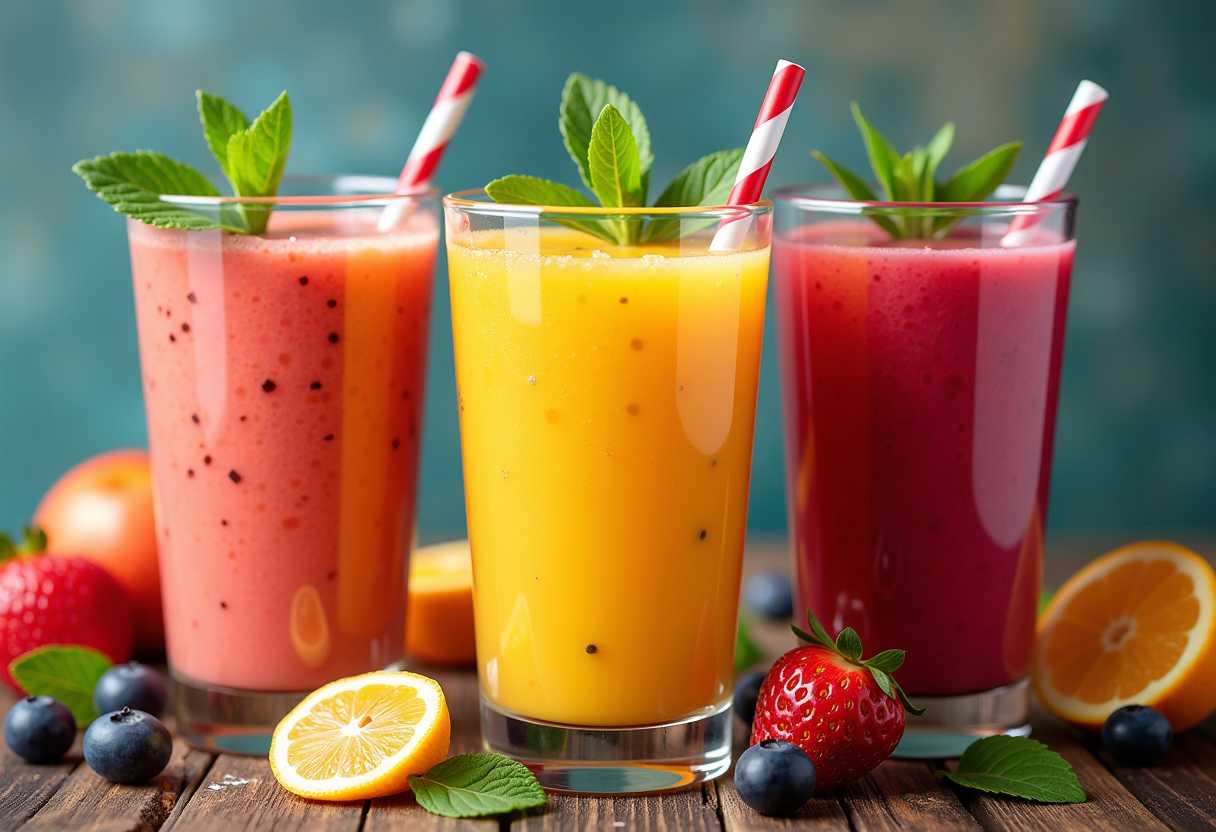 create an extreme close-up. Razor-sharp detail in 8K HD. Three luscious smoothies, bursting with health and color. Freeze-frame the dynamic splash for a captivating shot. Creative angles showcase macro food photography, captured with state-of-the-art equipment. Stunning and enticing visuals, perfect for promotional posters