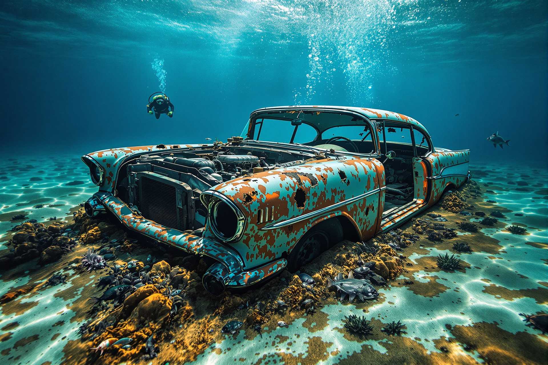 Digital noise free, sting shot, 300 dpi, uhd, hyperrealistic photography of a 1957 Chevrolet Impala. Hood lifted, engine looks, rusty, rusty, holes in the sheet, missing rims, wheels, tires. Doors are open. Submerged in sand beneath the depths of the sea, totally covered in marine sediment, algae and marine life between deep blue waters. Two divers and tiny little silverfish swimming around. All within the focus. Tiny, tiny air bubbles. Sunlight seeps through, through the water, penetrating into the depths. National Geographic style.