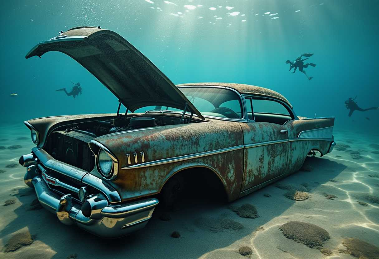 Digital noise free, sting shot, 300 dpi, uhd, hyperrealistic photography of a 1957 Chevrolet Impala. Hood lifted, engine looks, rusty, rusty, holes in the sheet, missing rims, wheels, tires. Doors are open. Submerged in sand beneath the depths of the sea, totally covered in marine sediment, algae and marine life between deep blue waters. Two divers and tiny little silverfish swimming around. All within the focus. Tiny, tiny air bubbles. Sunlight seeps through, through the water, penetrating into the depths. National Geographic style.