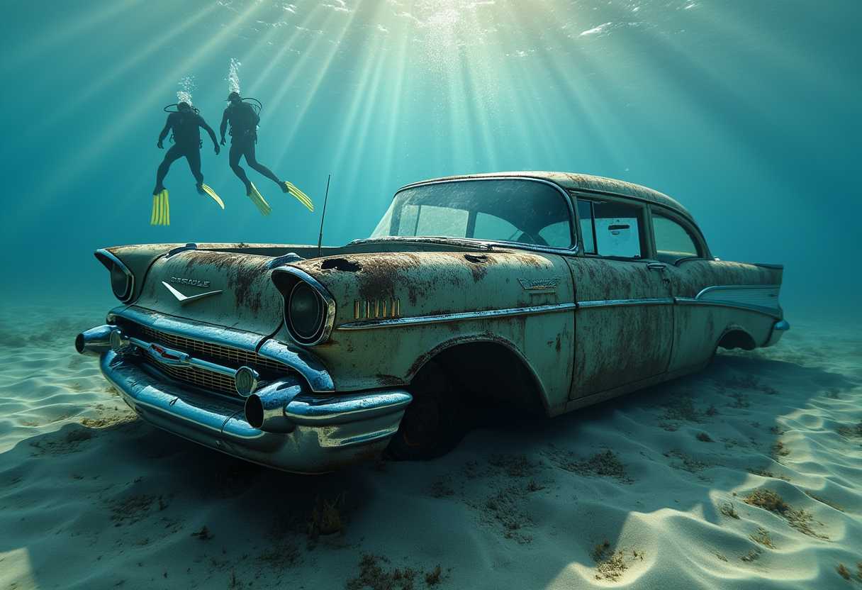 Digital noise free, sting shot, 300 dpi, uhd, hyperrealistic photography of a 1957 Chevrolet Impala. Hood lifted, engine looks, rusty, rusty, holes in the sheet, missing rims, wheels, tires. Doors are open. Submerged in sand beneath the depths of the sea, totally covered in marine sediment, algae and marine life between deep blue waters. Two divers and tiny little silverfish swimming around. All within the focus. Tiny, tiny air bubbles. Sunlight seeps through, through the water, penetrating into the depths. National Geographic style.
