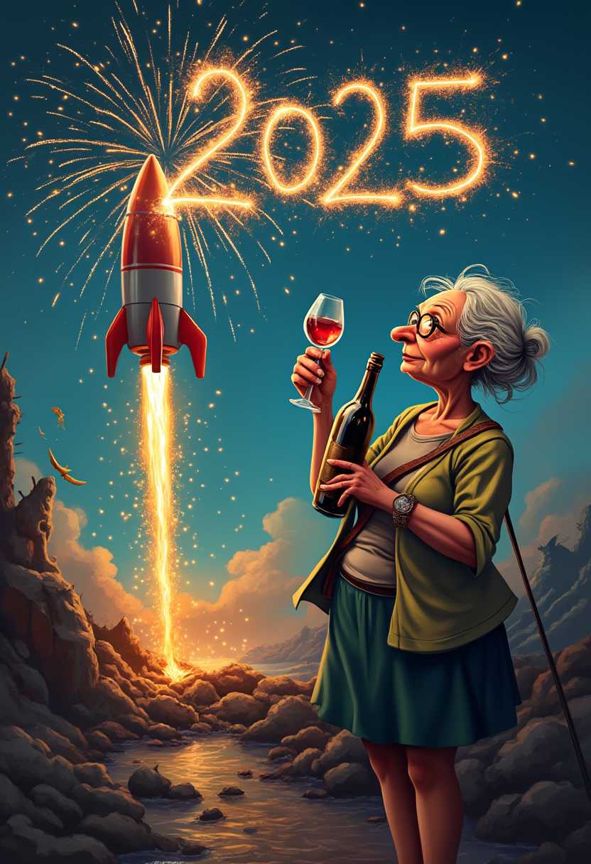 3-D-Art. Airbrush-Art. An old woman drinking a bottle of wine while fireworks are in the background, sots art, cartoon concept art, inspired by Ruth Abrams, A New Year's Eve rocket writes "2025" in the sky.