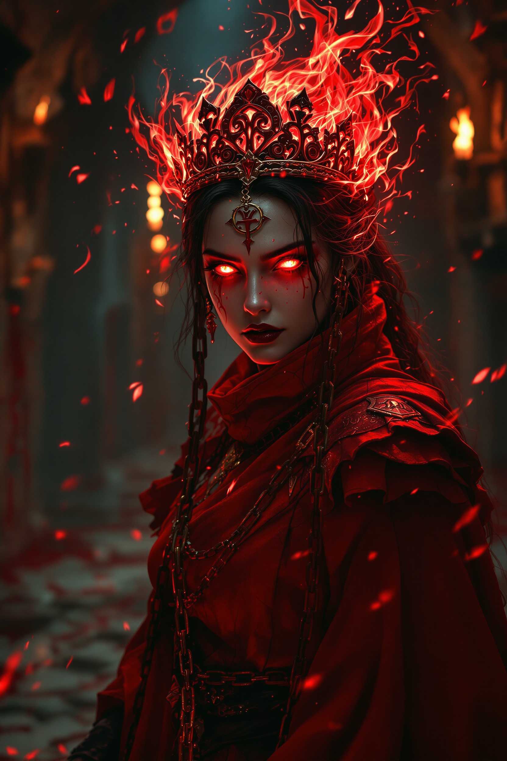 ,<lora:Expressive_H:1> expressiveh,bad,, ,,,,(style-swirlmagic:0.9),  looking at viewer, solo, half shot, detailed background, detailed face, (<lora:WitchcraftPunkAI:0.5>, WitchcraftPunkAI theme:1.1), woman, eyes ablaze with evil power,   evil blood mage, red aristocratic clothes,  crimson crown, dynamic pose,  crimson arcane runes swirling in the air, floating particles, blood droplets,  red color scheme, hemomancy, glowing energized veins, red flames, in background,  sunset, symmetrical composition, epic atmosphere,, RAW candid cinema, 16mm, color graded portra 400 film, remarkable color, ultra realistic, textured skin, remarkable detailed pupils, realistic dull skin noise, visible skin detail, skin fuzz, dry skin, shot with cinematic camera

- **Setting**: The oppressive castle dungeon with **stone walls** and **chains** hanging from the ceiling, the scene dimly lit by **flickering torches** that cast long shadows, enhancing the eerie atmosphere.
- **Mood and Atmosphere**: The mood is somber, with a sense of oppression and hardship, yet there's an underlying strength in the woman's demeanor, suggesting a narrative of resilience.
- **Style**: Capture this in the style of **Rembrandt**, with chiaroscuro lighting to emphasize the dramatic contrast between light and dark, enhancing the depth of her emotional state.
- **Composition**: She is positioned slightly off-center, facing the viewer with a direct gaze, her posture upright despite the weight of her chains, filling the frame to emphasize her presence in this confined space.
- **Technical Aspects**: Use **soft focus** in the background to blur the harsh dungeon elements, focusing sharply on her face and the details of her attire to convey the story through her expression and the texture of her clothing.