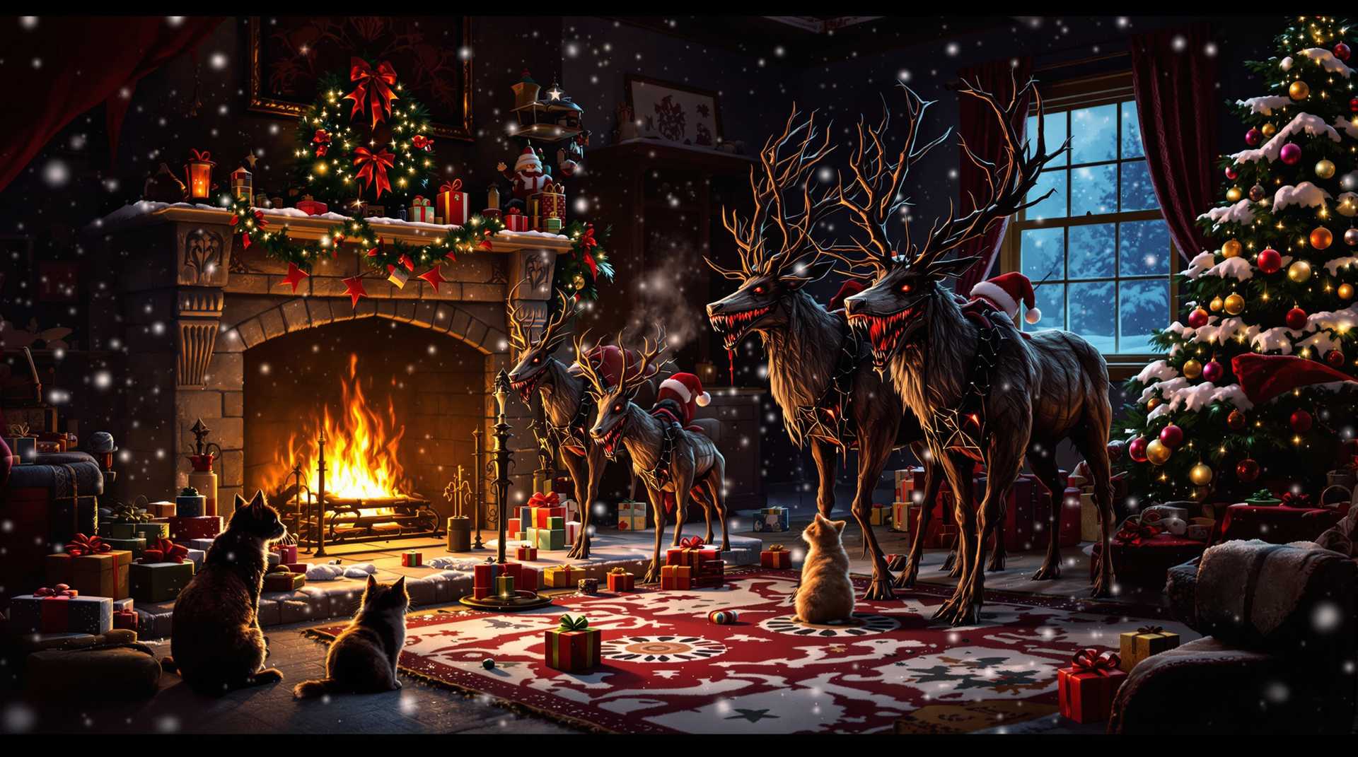 evil santa, evil raindeers, scifi sledge, steal presents, chimney, fireplace, living room, evil cristmast decorations, evil labricorns,evil famely, evil kids, evil cat, evil dog, evil cristmas, horror, snow 