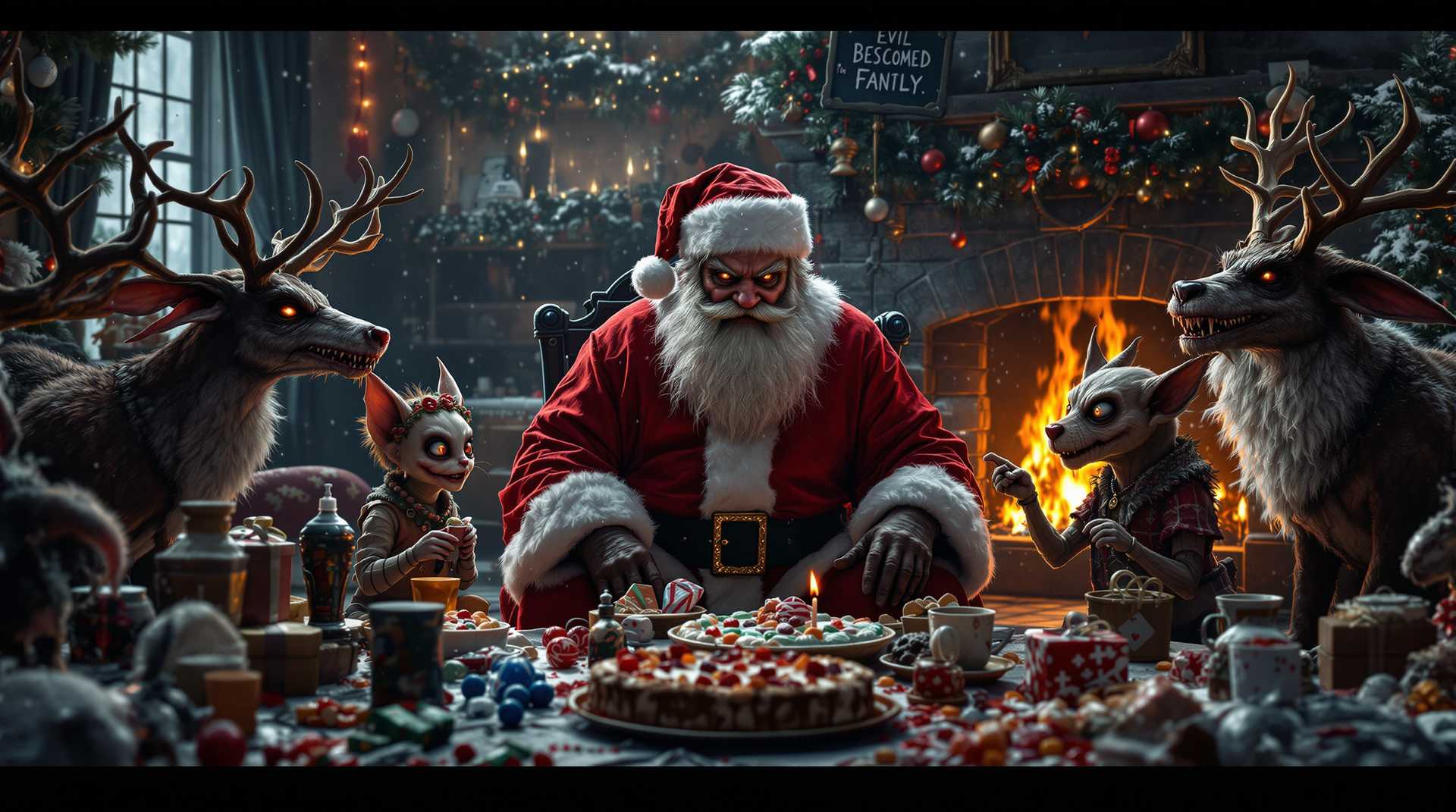 photorealistic, cinematic, eerie, evil santa, evil raindeers, scifi sledge, evil goblin kids, candy , cake, toys,  steal presents, chimney, fireplace, living room, evil fireplace, evil cristmast decorations, evil labricorns, evil fammely, evil labricorn kids, evil cat, evil dog, evil cristmas, horror, snow, a sign that reads " Evil Cristmast" a sign that reads " Bad Santa" a sign that reads " Consume, buy more" a sign that reads "Poor poor" a sign that reads " Eat more" rotten cristmas food, poperty, welth, difference, 