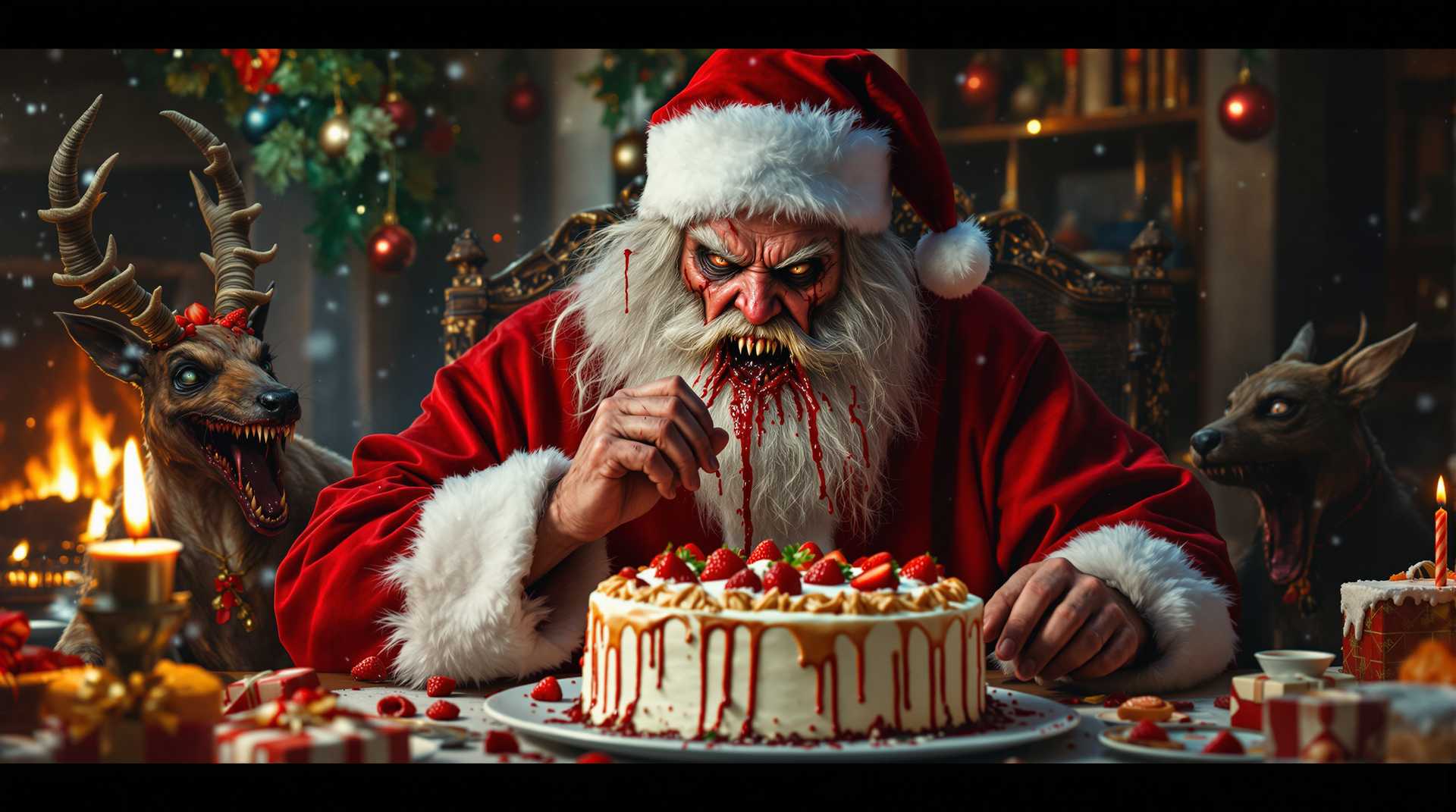 photorealistic, cinematic, eerie, evil santa eating strawberry cake , , evil raindeers blod dripping mouths, , scifi sledge, evil goblin kids, candy , cake, toys,  steal presents, chimney, fireplace, living room, evil fireplace, evil cristmast decorations, evil labricorns, evil fammely, evil labricorn kids, evil cat, evil dog, evil cristmas, horror, snow, a sign that reads " Evil Cristmast" a sign that reads " Bad Santa" a sign that reads " Consume, buy more" a sign that reads "Poor poor" a sign that reads " Eat more" rotten cristmas food, poperty, welth, difference, 