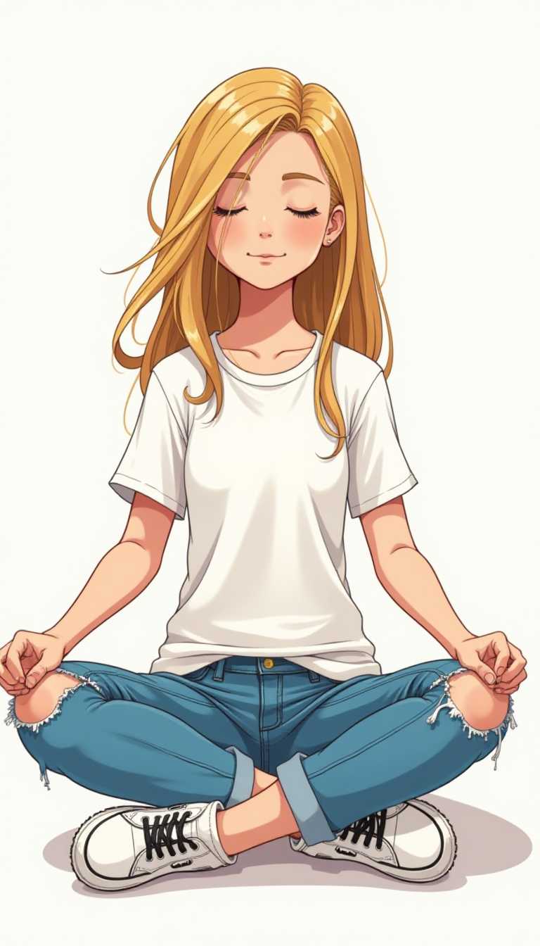Cartoon.The subject of the illustration is a person seated crosslegged on the floor. The person is wearing a casual, white, shortsleeved tshirt with a relaxed fit and a few inklike spots, giving it a livedin appearance. The tshirt is tucked into distressed blue jeans that are torn at the knees, revealing skin and adding to the overall casual, carefree vibe of the characters outfit.The jeans are paired with classic white sneakers featuring black laces and a simple design. The shoes are positioned flat on the floor, with the toes slightly curled, as if the character is resting or perhaps just sitting down.The characters hair is long and flows freely, with strands sticking out in various directions, giving the hair a sense of movement and untamed energy. The hair color is a warm, honey blonde, with some highlights that suggest sunlight or a light source coming from the top left of the image.The characters facial features are not visible, which focuses the viewers attention on the body language and the overall posture. The arms are resting on the knees, and the hands are placed flat on the floor, with the fingers slightly curled. The posture is relaxed and open, with the legs crossed in a traditional lotus position, which often signifies tranquility and meditation.