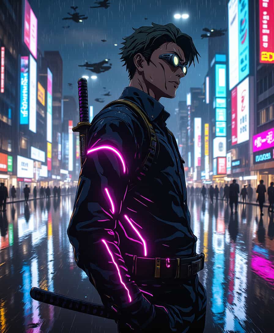 a photo of Kento, midjourney, Generate a digital painting of **Kento Nanami** from "Jujutsu Kaisen" seamlessly integrated into a **cyberpunk cityscape**. Here's how to craft the scene:

- **Visual Details**: Nanami should be adorned in a **cyberpunk-inspired suit** with sleek, dark lines, LED accents, and a **high-tech katana** strapped to his back. His clothing should blend traditional elements with futuristic cybernetic enhancements, featuring **neon blue and magenta** lighting effects that highlight his silhouette against the backdrop.

- **Style**: The image should evoke the essence of cyberpunk with **vaporwave aesthetics**; think of the vibrant, neon-drenched environments typical of movies like "Blade Runner 2049" or "Akira". Use **hyper-realistic rendering** with a touch of **cel-shading** to maintain Nanami's manga origins.

- **Composition**: Position Nanami in a **dynamic, action-oriented pose** on a rain-slicked street, with towering skyscrapers adorned with **holographic billboards** and **flying vehicles** in the background. The camera should capture him from a **low angle** to emphasize his commanding presence and the verticality of the city.

- **Mood and Atmosphere**: Set the scene at night with **heavy rainfall** creating reflections on the wet surfaces, adding depth and texture. The atmosphere should be **moody, with a sense of impending action**, illuminated by the **neon lights** casting long, dynamic shadows.

- **Technical Aspects**: Utilize **depth of field** to focus on Nanami while the background blurs slightly to enhance the sense of movement and distance. Implement **bokeh** effects from the neon lights, and ensure **high dynamic range** (HDR) for realistic lighting contrasts.

- **Cohesion**: Ensure that Nanami's cyberpunk attire and the futuristic city environment are harmoniously blended, creating a believable fusion of manga character and sci-fi setting. The scene should tell a story of a sorcerer in a high-tech, dystopian world, ready for battle.