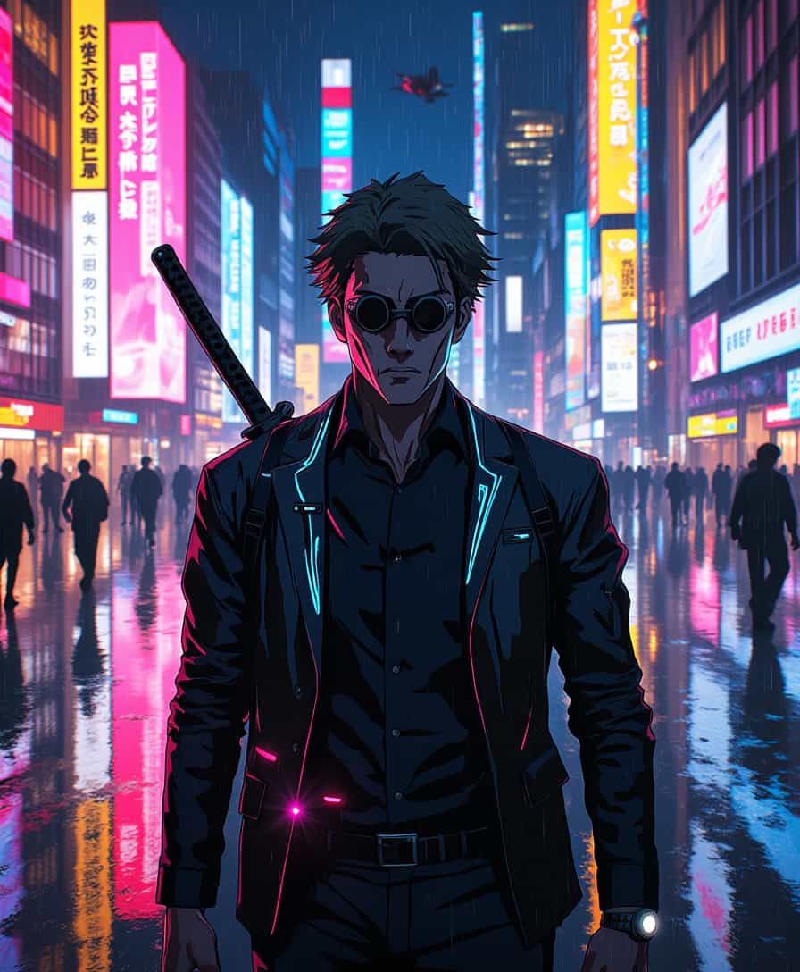 a photo of Kento, midjourney, Generate a digital painting of **Kento Nanami** from "Jujutsu Kaisen" seamlessly integrated into a **cyberpunk cityscape**. Here's how to craft the scene:

- **Visual Details**: Nanami should be adorned in a **cyberpunk-inspired suit** with sleek, dark lines, LED accents, and a **high-tech katana** strapped to his back. His clothing should blend traditional elements with futuristic cybernetic enhancements, featuring **neon blue and magenta** lighting effects that highlight his silhouette against the backdrop.

- **Style**: The image should evoke the essence of cyberpunk with **vaporwave aesthetics**; think of the vibrant, neon-drenched environments typical of movies like "Blade Runner 2049" or "Akira". Use **hyper-realistic rendering** with a touch of **cel-shading** to maintain Nanami's manga origins.

- **Composition**: Position Nanami in a **dynamic, action-oriented pose** on a rain-slicked street, with towering skyscrapers adorned with **holographic billboards** and **flying vehicles** in the background. The camera should capture him from a **low angle** to emphasize his commanding presence and the verticality of the city.

- **Mood and Atmosphere**: Set the scene at night with **heavy rainfall** creating reflections on the wet surfaces, adding depth and texture. The atmosphere should be **moody, with a sense of impending action**, illuminated by the **neon lights** casting long, dynamic shadows.

- **Technical Aspects**: Utilize **depth of field** to focus on Nanami while the background blurs slightly to enhance the sense of movement and distance. Implement **bokeh** effects from the neon lights, and ensure **high dynamic range** (HDR) for realistic lighting contrasts.

- **Cohesion**: Ensure that Nanami's cyberpunk attire and the futuristic city environment are harmoniously blended, creating a believable fusion of manga character and sci-fi setting. The scene should tell a story of a sorcerer in a high-tech, dystopian world, ready for battle.