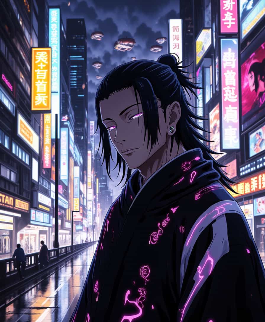 a photo of Geto, midjourney, ```markdown
**Image Description:** A high-resolution, photorealistic portrait of **Geto Suguru** from "Jujutsu Kaisen" set in a cyberpunk cityscape at night.

**Visual Details:**
- **Geto:** His hair is styled in his characteristic long, loose strands, shimmering with subtle neon highlights reflecting the city lights. His eyes are sharp, with a glint of purple, enhancing his mystical aura. 
- **Clothing:** He wears a modernized version of his usual dark robe, now sleek with cybernetic enhancements and glowing patterns that pulse with energy. 
- **Cityscape:** The backdrop is an expansive, futuristic city with towering skyscrapers adorned with holographic advertisements, neon signs, and flying vehicles. Rain falls, creating a reflective sheen on the wet streets.

**Style:**
- **Photorealistic:** Captured with a high dynamic range to showcase the contrast between the dark, oppressive city and the vibrant, electric elements.
- **Cyberpunk Aesthetic:** Incorporate elements like exposed circuitry, glowing neon lights, and a blend of ancient and futuristic architecture.

**Composition:**
- **Framing:** Geto is framed by the city skyline, his figure slightly off-center to the right, with the vast city stretching out behind him, emphasizing his connection to this world.
- **Camera Angle:** A low-angle shot to convey power and dominance, looking up at Geto amidst the towering buildings.

**Mood and Atmosphere:**
- **Ambiance:** A blend of dark, moody tones with bursts of neon color, capturing the essence of cyberpunk's dystopian yet mesmerizing environment. 
- **Time of Day:** Night, with the city lights at their brightest, casting long shadows and highlighting Geto's silhouette against the urban chaos.
- **Weather:** Light rain, adding a layer of reflection and depth to the scene, with water droplets on Geto's hair and clothing.

**Technical Aspects:**
- **Lighting:** Use of high contrast lighting with neon backlighting to outline Geto, creating a halo effect around him, enhancing his ethereal yet dangerous presence.
- **Depth of Field:** Shallow depth of field to focus on Geto, with the bustling city slightly blurred in the background to draw attention to him.
- **Color Grading:** Desaturated color palette with selective vibrancy on neon elements, emphasizing the cyberpunk theme.

**Cohesion:** The scene melds Geto's character with the cyberpunk world, creating a seamless integration where his mystical abilities and the futuristic setting complement each other