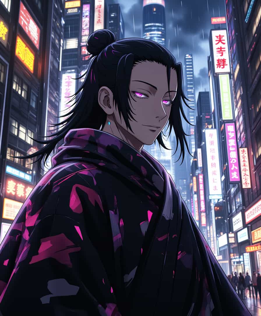a photo of Geto, midjourney, ```markdown
**Image Description:** A high-resolution, photorealistic portrait of **Geto Suguru** from "Jujutsu Kaisen" set in a cyberpunk cityscape at night.

**Visual Details:**
- **Geto:** His hair is styled in his characteristic long, loose strands, shimmering with subtle neon highlights reflecting the city lights. His eyes are sharp, with a glint of purple, enhancing his mystical aura. 
- **Clothing:** He wears a modernized version of his usual dark robe, now sleek with cybernetic enhancements and glowing patterns that pulse with energy. 
- **Cityscape:** The backdrop is an expansive, futuristic city with towering skyscrapers adorned with holographic advertisements, neon signs, and flying vehicles. Rain falls, creating a reflective sheen on the wet streets.

**Style:**
- **Photorealistic:** Captured with a high dynamic range to showcase the contrast between the dark, oppressive city and the vibrant, electric elements.
- **Cyberpunk Aesthetic:** Incorporate elements like exposed circuitry, glowing neon lights, and a blend of ancient and futuristic architecture.

**Composition:**
- **Framing:** Geto is framed by the city skyline, his figure slightly off-center to the right, with the vast city stretching out behind him, emphasizing his connection to this world.
- **Camera Angle:** A low-angle shot to convey power and dominance, looking up at Geto amidst the towering buildings.

**Mood and Atmosphere:**
- **Ambiance:** A blend of dark, moody tones with bursts of neon color, capturing the essence of cyberpunk's dystopian yet mesmerizing environment. 
- **Time of Day:** Night, with the city lights at their brightest, casting long shadows and highlighting Geto's silhouette against the urban chaos.
- **Weather:** Light rain, adding a layer of reflection and depth to the scene, with water droplets on Geto's hair and clothing.

**Technical Aspects:**
- **Lighting:** Use of high contrast lighting with neon backlighting to outline Geto, creating a halo effect around him, enhancing his ethereal yet dangerous presence.
- **Depth of Field:** Shallow depth of field to focus on Geto, with the bustling city slightly blurred in the background to draw attention to him.
- **Color Grading:** Desaturated color palette with selective vibrancy on neon elements, emphasizing the cyberpunk theme.

**Cohesion:** The scene melds Geto's character with the cyberpunk world, creating a seamless integration where his mystical abilities and the futuristic setting complement each other