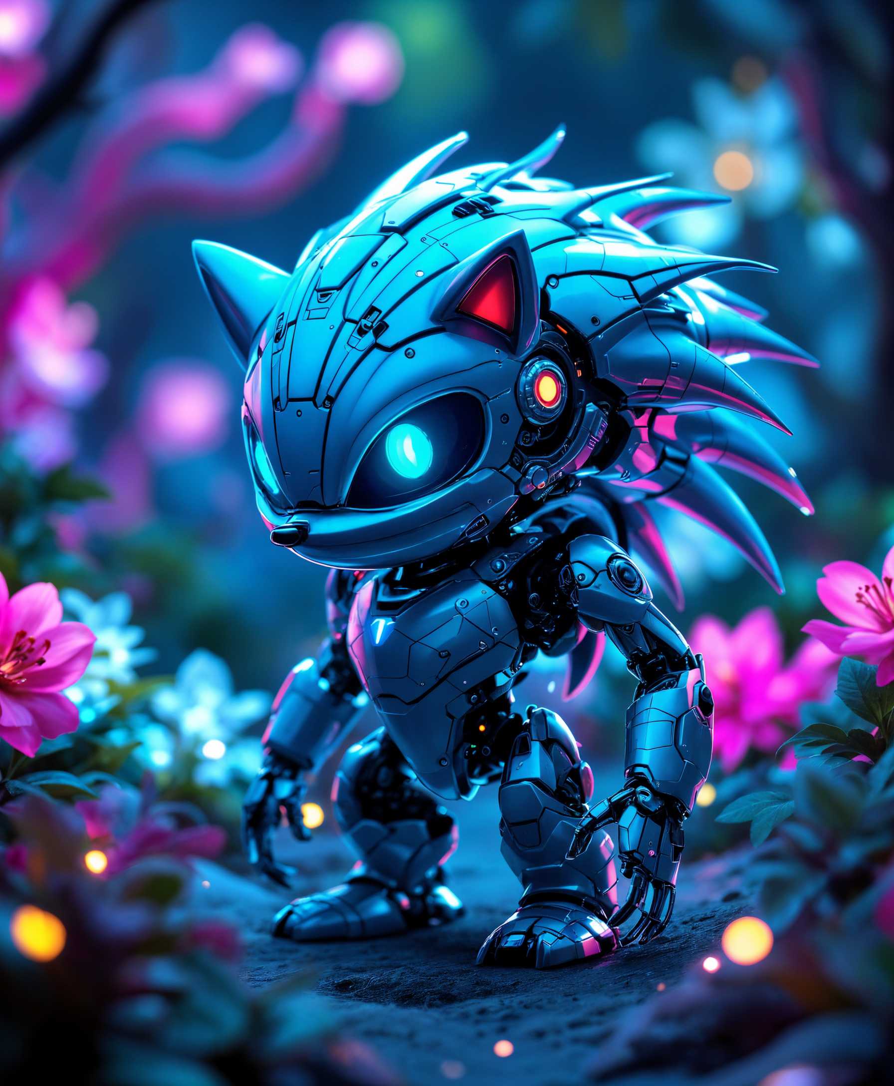 AI-generated image: **Subject:** A highly detailed portrait of a mecha Hedgehog, its metallic body gleaming under the ne