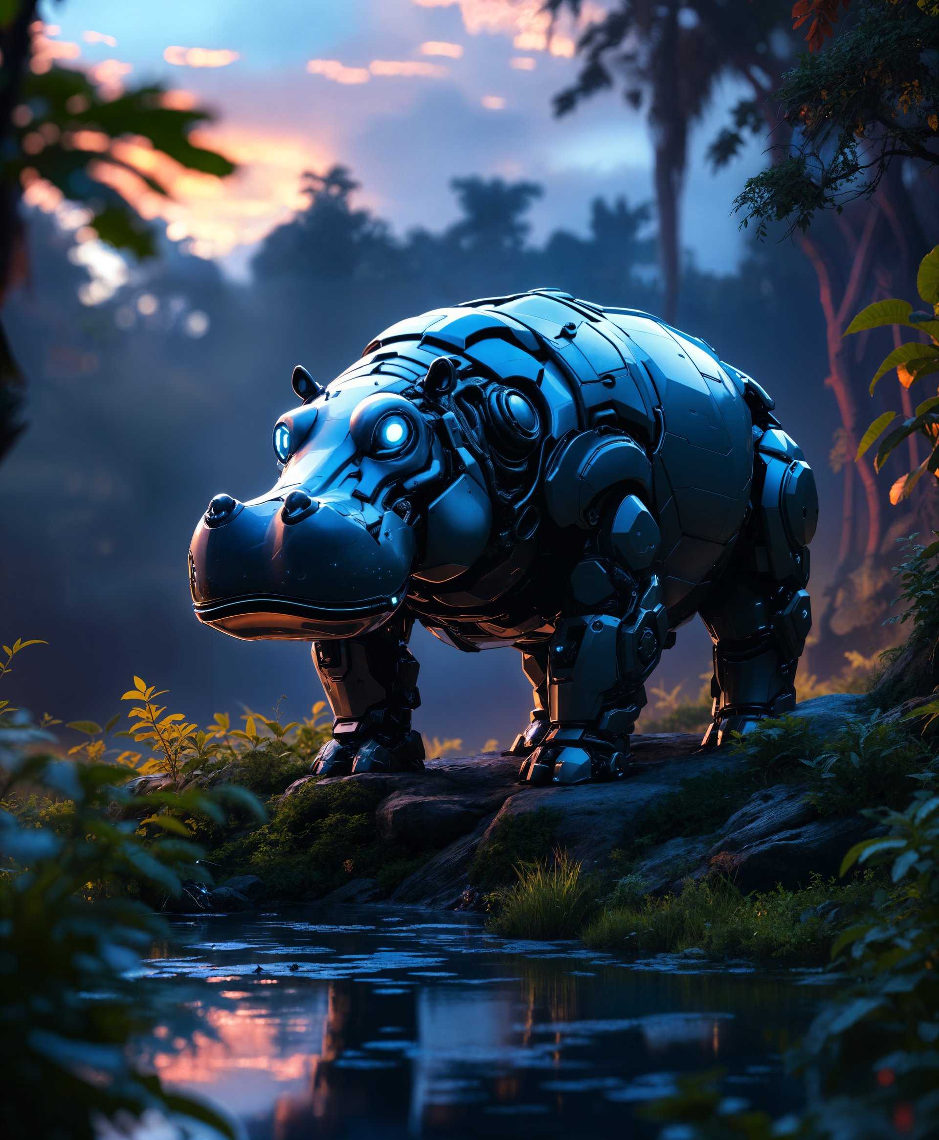 masterpiece, best quality, highres, sharp image, more detail <lora:more_details:0.5> <lora:SDXLrender_v2.0:1>, **Highly Detailed Mecha Hippopotamus in Futuristic Wild**

Visualize a **futuristic, lush wilderness** at dusk, where neon lights subtly illuminate the vibrant, overgrown foliage. In the center, a **mecha hippopotamus** stands, its **metallic skin** reflecting the twilight colors with a **reflective, glossy texture**. The mecha hippo's body is **heavily armored**, with **intricate mechanical details** like hydraulic systems, cooling vents, and weapon systems. Its **eyes glow** with an **eerie, neon blue light**, and **hydraulic joints** show the inner workings of the machine. 

- **Artistic Style**: The image should emulate a **cyberpunk aesthetic**, combining **hyperrealism** with **futuristic elements** to capture the essence of a **technological marvel** in a **wild, untamed environment**.
  
- **Composition**: The mecha hippo is **positioned slightly off-center**, allowing space for the **vivid, overgrown flora** to frame the scene. The **camera angle** is low, looking up at the mecha, emphasizing its size and the **awe-inspiring** nature of its presence.

- **Mood and Atmosphere**: The atmosphere is **mystical and foreboding**, with **fog** rolling in around the edges, creating a sense of **mystery** and **adventure**. The **ambient lighting** from the neon elements contrasts with the **darkening sky**, enhancing the **cyberpunk theme**.

- **Technical Aspects**: Utilize **bokeh effect** to blur the background foliage, focusing on the **sharp, detailed** features of the mecha. Apply **depth of field** to ensure the mecha stands out against the wild backdrop. Use **color grading** to enhance the neon hues, creating a **vibrant yet dark** visual experience.

This scene should evoke a **sense of wonder** at the fusion of nature and advanced technology, capturing a **moment in time** where the wild and the mechanical coexist in perfect harmony.