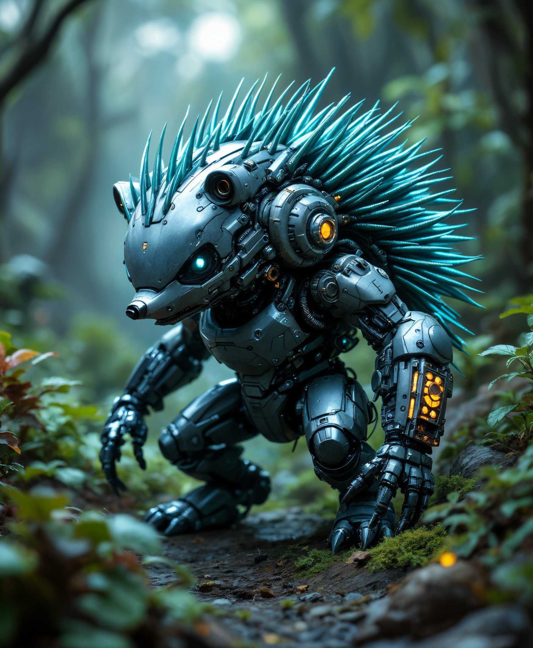 **Mecha Hedgehog in Futuristic Wild:**

A highly detailed, full-length portrait of a mecha hedgehog in a post-apocalyptic, futuristic wilderness setting. 

**Visual Details:** 
- The mecha hedgehog has a sleek, metallic body with intricate mechanical details like pistons, gears, and hydraulic systems. Its spines are made of reinforced steel, each with a slight iridescent sheen reflecting the muted light. 
- The environment is overgrown with mutant flora; the plants have a bioluminescent quality, casting a soft, eerie glow. The ground is covered in a mix of rusting machinery and lush, alien vegetation.

**Style:** 
- This image should blend elements of cyberpunk aesthetics with the naturalistic detail of botanical art. The style should evoke the atmosphere of classic mecha anime but with the realism of concept art for video games.

**Composition:** 
- The mecha hedgehog is positioned in the foreground, slightly turned to the side, allowing the viewer to see its mechanical complexity. The camera is at a low angle, looking up to emphasize its size and the grandeur of its surroundings. 
- The background shows a vast expanse of the wild, with ruins of human civilization peeking through the overgrowth.

**Mood and Atmosphere:** 
- The scene is set during a twilight hour where the sky is a mix of deep purples and oranges, creating a stark contrast with the metallic sheen of the mecha. The atmosphere is one of eerie tranquility, where nature has reclaimed the land, and technology has adapted to survive.

**Technical Aspects:** 
- Use chiaroscuro lighting to highlight the mechanical details of the hedgehog, with light rays filtering through the canopy above, creating dramatic shadows and highlights. 
- Employ depth of field to keep the mecha in sharp focus while allowing the background to blur slightly, drawing the viewer's attention to the subject.

**Cohesion:** 
- The mecha hedgehog must look like it belongs in this world, with subtle signs of wear and adaptation to its environment, like moss or small plants growing on its metal parts, blending the line between technology and nature.
