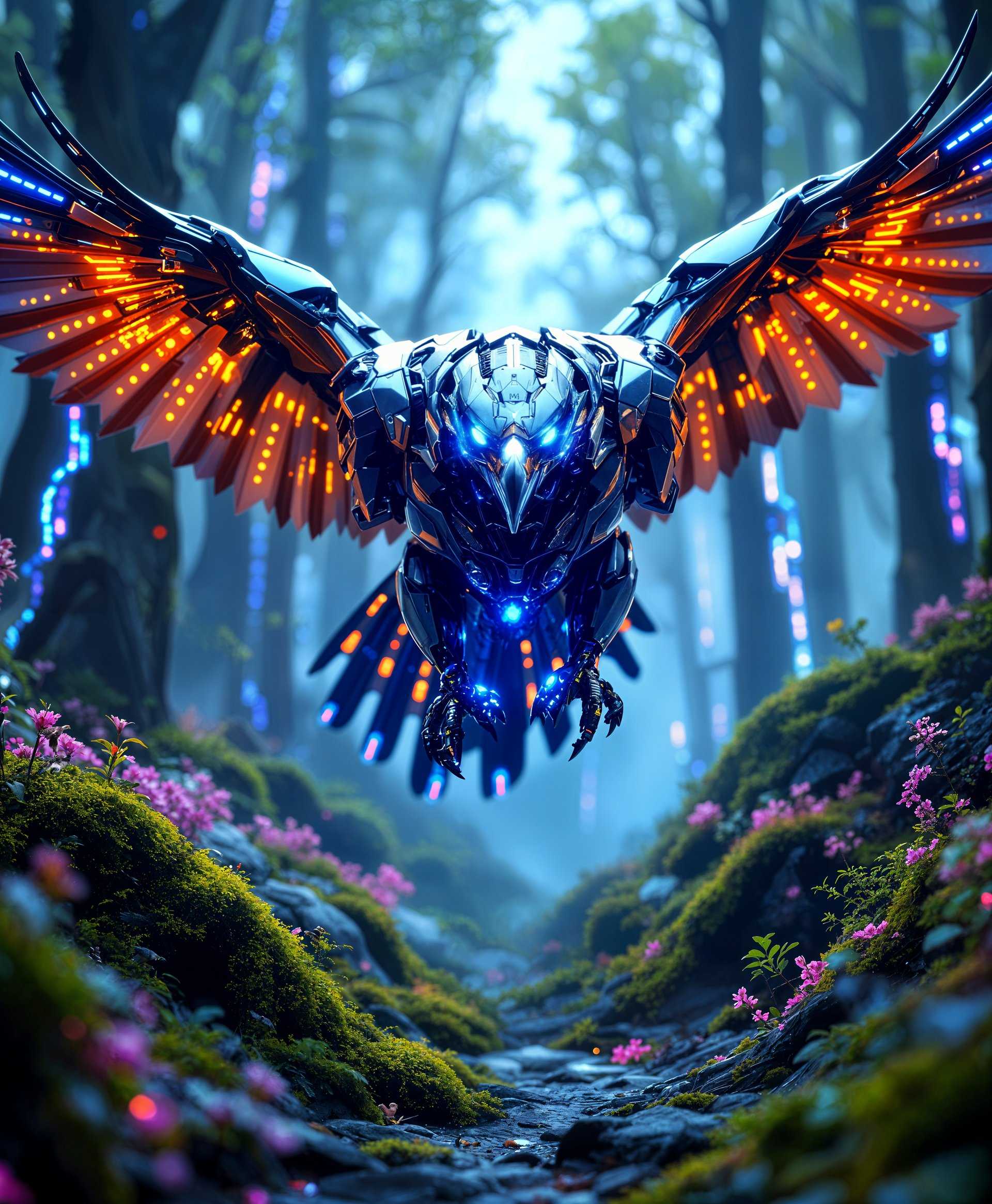 masterpiece, best quality, highres, sharp image, more detail <lora:more_details:0.5> <lora:SDXLrender_v2.0:1>, A highly detailed **portrait** of a **mecha Hawk** perched majestically in the **futuristic wild**:

- **Subject**: The mecha Hawk features intricate mechanical details with a sleek, metallic sheen, its eyes glowing with an intense blue light, and its wings spread wide to reveal hydraulic systems and pistons. Its beak is sharp, designed for precision, and its talons are engineered to grip the terrain with enhanced strength.

- **Environment**: The scene is set in a **futuristic wild** - a blend of nature and technology where lush vegetation intertwines with neon-lit flora. The ground is covered with bioluminescent moss, and in the background, towering trees with integrated circuit-like patterns and glowing leaves create an otherworldly forest.

- **Composition**: The mecha Hawk is positioned slightly off-center, its gaze directed towards the viewer, creating a dynamic tension. The camera angle is low, looking up at the Hawk to emphasize its grandeur and dominance over its environment. The framing captures the Hawk in a heroic pose, with parts of the landscape framing its silhouette.

- **Mood and Atmosphere**: The atmosphere is serene yet charged with futuristic energy. The lighting is soft, with rays of light filtering through the canopy, casting dappled shadows on the Hawk. The time of day is twilight, with the sky painted in hues of purple and pink, highlighting the neon elements of the flora.

- **Artistic Style**: The image employs **hyper-realistic rendering** with elements of **cyberpunk aesthetics**. The focus is on the detailed textures of the mecha Hawk's metal plating, the subtle glow of its electronics, and the contrast between natural and artificial elements in the environment.

- **Technical Aspects**: Utilize techniques like **bokeh** to blur the background slightly, drawing attention to the Hawk. Employ **HDR** (High Dynamic Range) to capture the range of lighting conditions from the dark undergrowth to the bright highlights on the Hawk's surface. Use **shallow depth of field** to isolate the Hawk from its surroundings, emphasizing its mechanical intricacies.