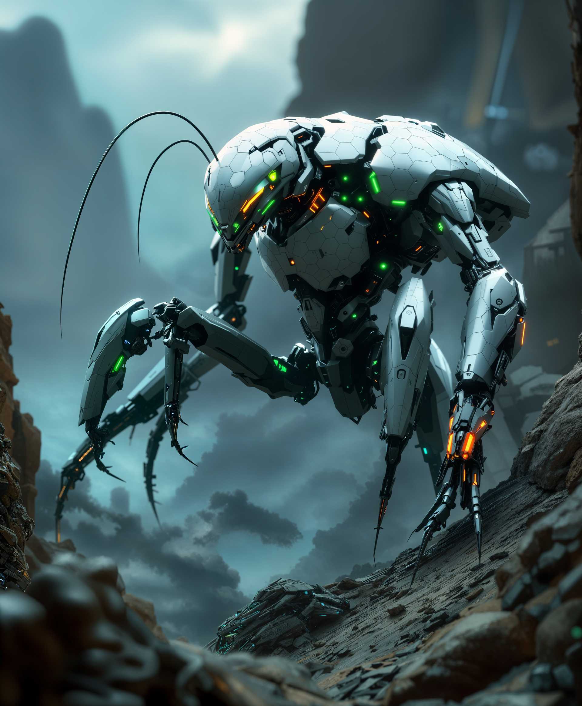 AI-generated image: ```plaintext
Create a highly detailed digital painting of a mecha mantis set in a futuristic wildern