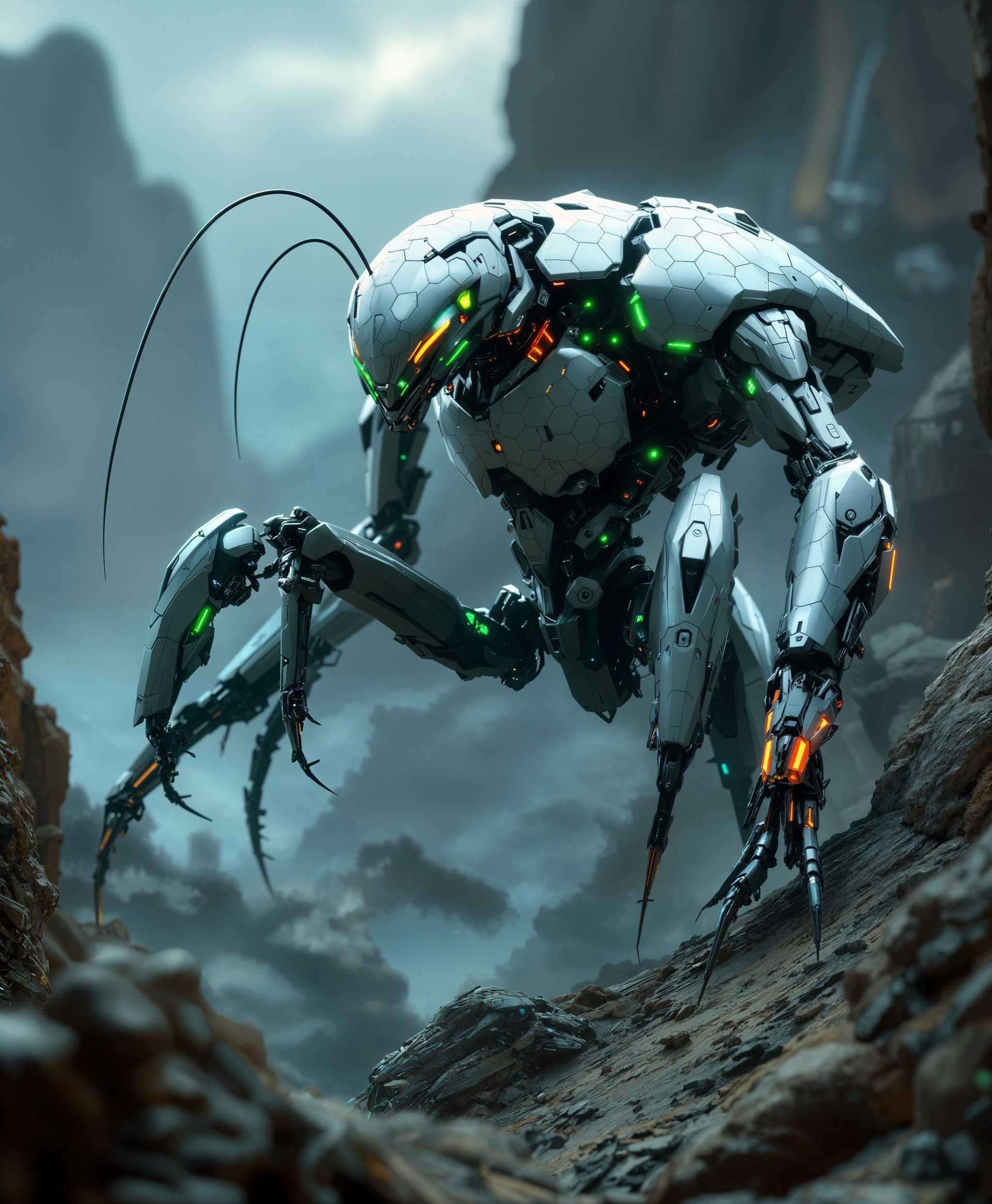 ```plaintext
Create a highly detailed digital painting of a mecha mantis set in a futuristic wilderness. The mecha should exhibit:

- **Visual Details:** 
  - **Mecha Design:** Sleek, metallic exoskeleton with intricate, mechanical joints mimicking a praying mantis. The body should be covered in hexagonal armor plates, with visible hydraulics and servos at the joints. 
  - **Colors:** Predominantly metallic silver with accents of neon green and blue, indicating energy or advanced technology. 
  - **Lighting:** Harsh, directional light casting deep shadows, highlighting the texture of the metal and the glow of the neon elements.

- **Style:**
  - **Artistic Style:** Cyberpunk with elements of realism, capturing the grit and grime of a futuristic landscape while maintaining the sleek design of the mecha.
  - **Technique:** Use techniques reminiscent of digital matte painting to blend the mecha seamlessly into the environment.

- **Composition:**
  - **Framing:** A low-angle shot looking up at the mecha mantis, emphasizing its towering presence over the viewer.
  - **Subject Positioning:** The mecha mantis is perched on top of a twisted, metallic tree, its limbs partially hidden within the foliage, suggesting ambush readiness.

- **Mood and Atmosphere:**
  - **Time of Day:** Twilight, with a sky filled with neon clouds and the distant glow of a cyberpunk cityscape.
  - **Ambiance:** An eerie, almost silent scene with the hum of distant machinery, creating an atmosphere of isolation and impending action.

- **Technical Aspects:**
  - **Depth of Field:** Shallow depth of field, with the mecha mantis in sharp focus and the background slightly blurred to enhance the sense of scale and depth.
  - **Lighting:** Utilize rim lighting to silhouette the mecha against the darker background, enhancing its menacing silhouette.

- **Cohesion:**
  - Ensure the futuristic wilderness integrates with the mecha, with elements like bio-luminescent plants or overgrown, abandoned technology, creating a believable, cohesive environment where the mecha seems to belong.
```