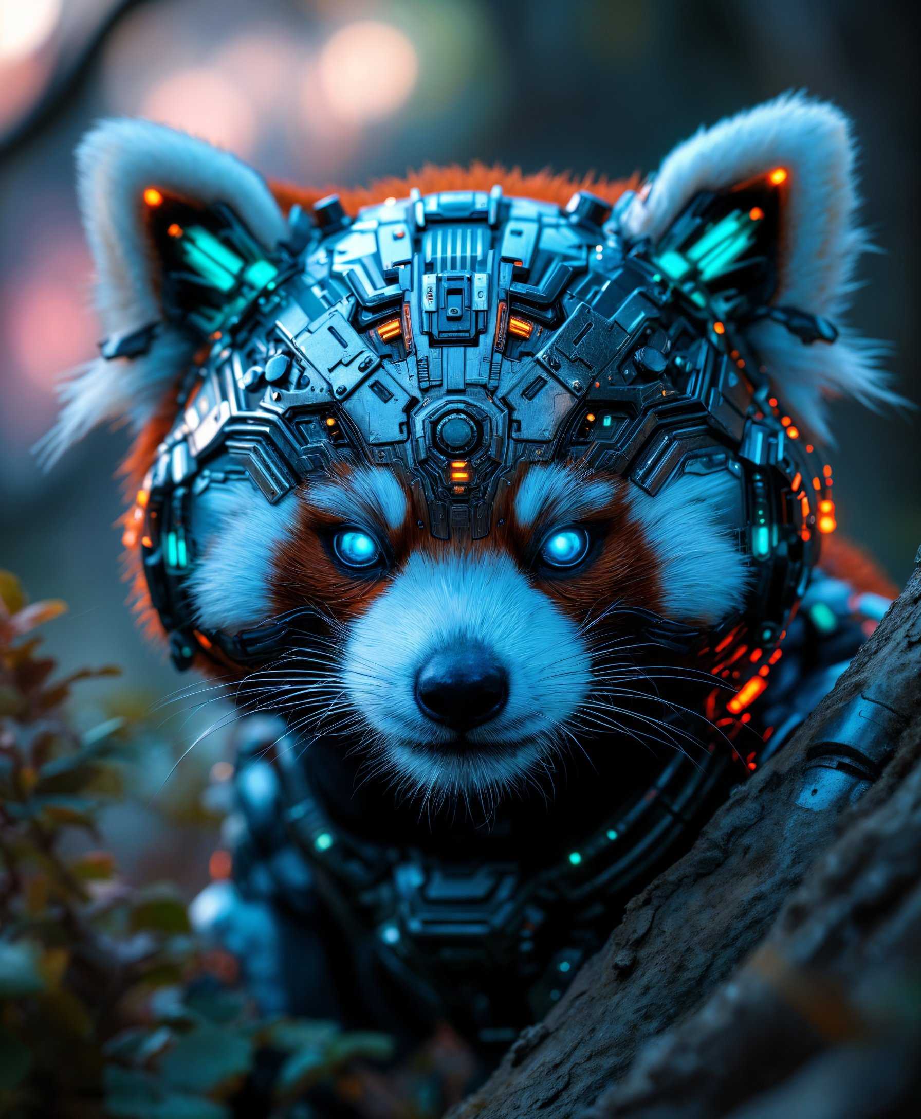 masterpiece, best quality, highres, sharp image, more detail, Highly detailed portrait of a **Mecha Red Panda** in the **futuristic wild**: 

- **Visual Details**: The red panda is covered in sleek, **metallic fur** with intricate **mechanical patterns** resembling gears and circuitry, with glowing **LED eyes** in shades of blue and green. The fur has **reflective highlights** and **textured surfaces** mimicking advanced robotics. 

- **Style**: Inspired by **cyberpunk** aesthetics, the image should blend **organic forms with mechanical elements**, reminiscent of artists like **Tsutomu Nihei** or **Katsuhiro Otomo**, with a **hyper-realistic** rendering style.

- **Composition**: The mecha red panda is **front and center**, filling most of the frame, with the wild environment subtly in the background. The camera angle is **slightly low** to emphasize the imposing presence of the creature. 

- **Mood and Atmosphere**: The scene is set at **dusk** with a **neon-infused skyline** in the distance, creating a **dystopian yet serene** atmosphere. The lighting should be **moody**, with **harsh contrasts** and **deep shadows** to highlight the mecha components.

- **Technical Aspects**: Use **soft focus** for the background to make the subject stand out. Employ **bokeh** effects for the neon lights, and ensure **high dynamic range (HDR)** to capture both the dark details of the fur and the bright highlights of the mechanical parts.

- **Cohesion**: The entire scene should blend the **futuristic technology** with the **natural grace** of the red panda, creating a harmonious and believable image of a **mecha creature** living in a world where nature and technology coexist seamlessly.