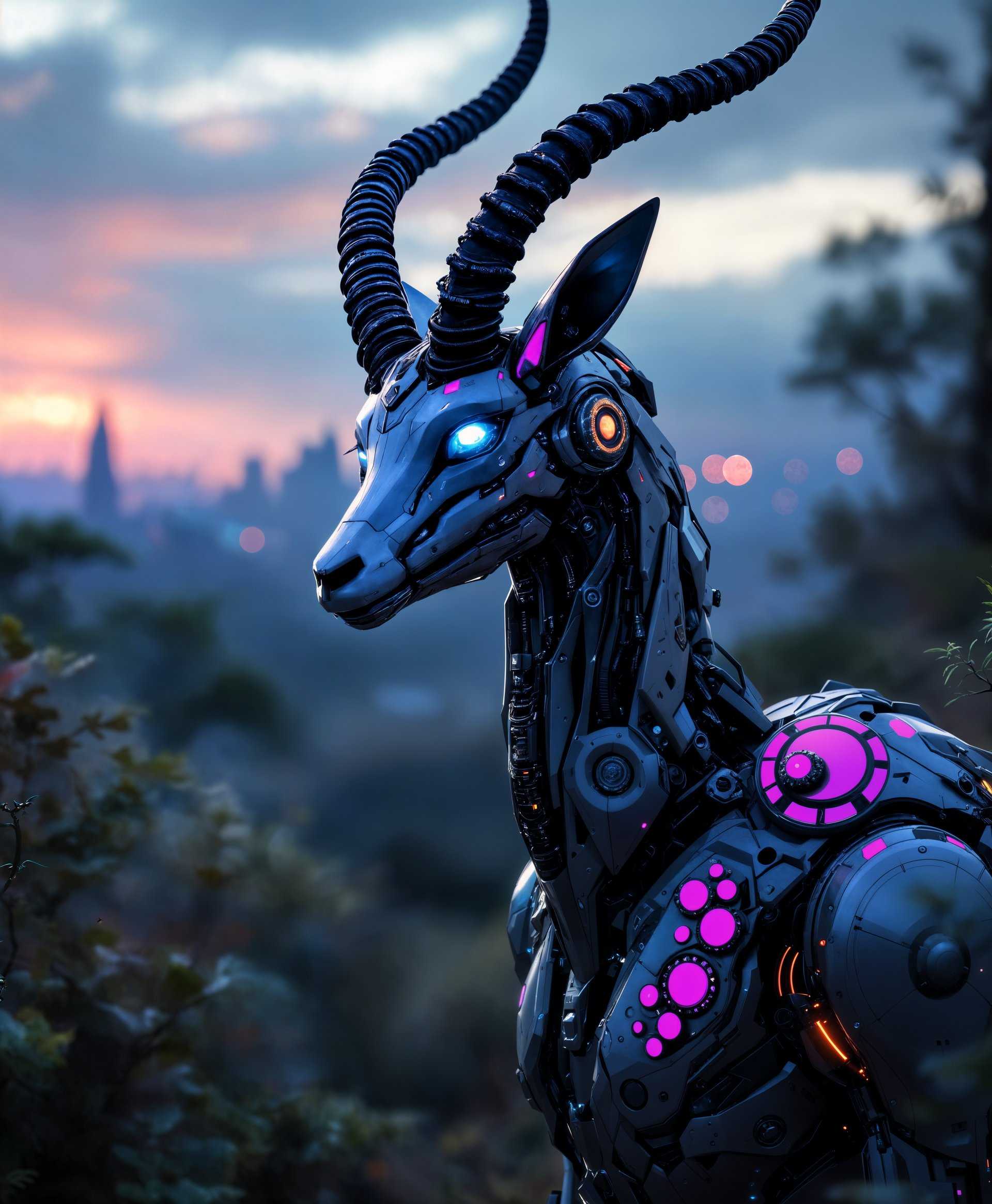 masterpiece, best quality, highres, sharp image, more detail, masterpiece, best quality, highres, sharp image, more detail, **Prompt:** A hyper-realistic, intricately detailed portrait of a mecha Gazelle, set within a futuristic wilderness:

- **Subject:** The mecha Gazelle is crafted with an organic fusion of sleek, metallic surfaces and the natural sinew of its biological counterpart. Its eyes gleam with an otherworldly glow, hinting at its advanced AI. The exoskeleton is adorned with intricate, gear-like patterns that mimic the texture of fur, blending mechanical with the wild.

- **Environment:** The scene is set in a post-apocalyptic savannah, where nature has reclaimed the ruins of civilization. Vegetation grows around and through the remnants of technology, creating a surreal, yet harmonious landscape. The sky is a blend of sunset hues, with distant neon lights from a nearby cityscape piercing through the twilight.

- **Visual Details:**
  - **Colors:** The mecha Gazelle's chassis reflects hues of iridescent purple and silver, contrasting with the earthy tones of the wilderness. 
  - **Lighting:** Golden hour lighting casts long shadows and highlights the mechanical details, with the setting sun reflecting off the polished surfaces.
  - **Textures:** The mecha's body showcases a mix of smooth, reflective metal and rough, weathered panels, suggesting years of adaptation to this new world.

- **Style:** The image is rendered in a photorealistic style, inspired by the works of Syd Mead's futuristic designs and the wildlife photography of Nick Brandt, capturing the essence of both technology and nature in a single frame.

- **Composition:** The mecha Gazelle is positioned centrally, its head turned slightly to face the viewer, creating an intimate connection. The camera angle is at eye level with the animal, emphasizing its grandeur and the scale of its surroundings. The framing includes elements of the overgrown ruins in the foreground, leading the eye towards the subject.

- **Mood and Atmosphere:** The scene conveys a sense of serene solitude, with the quiet hum of the mecha's systems blending with the natural sounds of the wild. The atmosphere is one of peaceful coexistence, where technology and nature have found a new balance.

- **Technical Aspects:** Utilize techniques like depth of field to focus on the mecha Gazelle, with the background slightly blurred to emphasize the subject. High dynamic range (HDR) imaging to capture the full spectrum of light, from the darkest shadows to the brightest highlights, ensuring the scene's realism and depth.

This prompt should generate a striking, cohesive image of a mecha Gazelle in its futuristic habitat, capturing the imagination with its