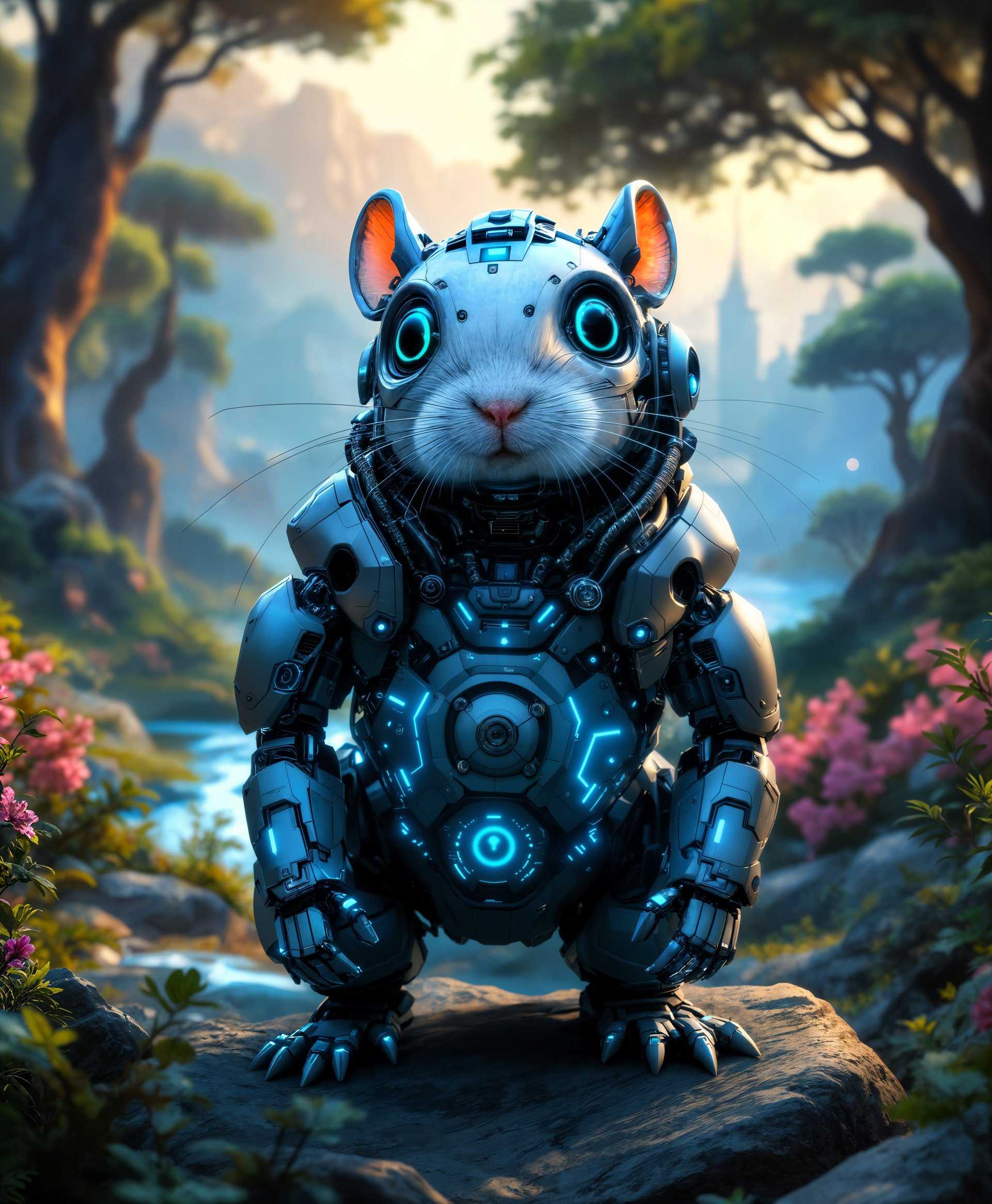 masterpiece, best quality, highres, sharp image, more detail, masterpiece, best quality, highres, sharp image, more detail, A highly detailed portrait of a mecha gerbil, set against the backdrop of a **futuristic wild landscape**:

- **Subject**: The mecha gerbil stands majestically, its metallic body crafted with intricate gears, circuits, and glowing blue lines of energy. Its eyes glow with an artificial intelligence, displaying a sense of alertness and curiosity. 
- **Environment**: The scene unfolds in a vast, untamed wilderness where nature has intertwined with technology. Towering trees with glowing leaves, streams with bioluminescent water, and distant futuristic cities are visible on the horizon.
- **Lighting**: The light is soft yet vibrant, reminiscent of the golden hour, with rays filtering through the futuristic foliage, casting dynamic shadows and highlights on the mecha gerbil's metal surfaces.
- **Artistic Style**: The image should evoke the feel of **cyberpunk** art, with a nod to the detailed work of H.R. Giger, but infused with a sense of wonder and exploration akin to concept art from **Avatar: The Way of Water**.
- **Composition**: The mecha gerbil is the focal point, positioned centrally, with its head turned slightly to the side, looking into the distance. The camera angle is low, looking up at the gerbil to emphasize its grandeur and the vastness of the environment around it. The framing is wide enough to capture the expansive wilderness but close enough to detail the mecha gerbil's features.
- **Mood and Atmosphere**: The mood is one of **adventure and awe**, with an underlying current of the unknown and the sublime. The atmosphere is clear, with a slight mist around the distant scenery, suggesting a world where nature and technology coexist in harmony.
- **Technical Aspects**: Utilize **hyper-realistic rendering** techniques to capture the metallic sheen of the mecha gerbil, along with **depth of field** to blur the background slightly, focusing attention on the subject. Employ **ray tracing** for realistic lighting effects and **texture mapping** for the detailed surfaces of both the mecha and the environment.

This portrayal aims to blend the mechanical with the organic, creating a scene where technology has evolved to harmonize with nature, presenting a visually stunning and thought-provoking image.