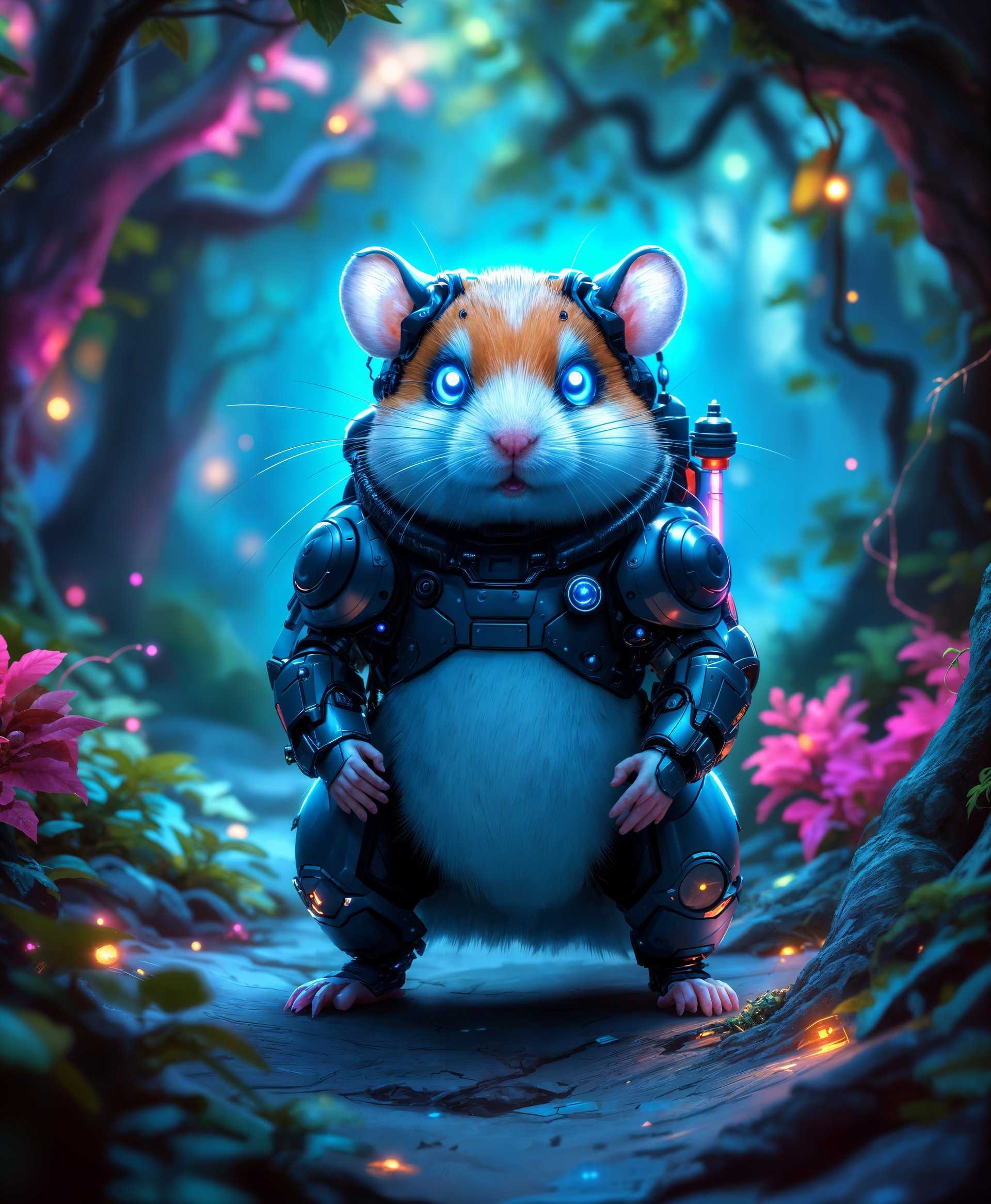 masterpiece, best quality, highres, sharp image, more detail, masterpiece, best quality, highres, sharp image, more detail, Create a highly detailed digital painting of a mecha hamster, blending elements of cyberpunk and nature:

- **Subject**: A sleek, metallic hamster with intricate mechanical parts, glowing blue eyes, and a small, integrated jetpack on its back. Its fur is replaced with a glossy, armor-like plating that mimics the texture of hamster fur but in a futuristic, high-tech style.
  
- **Setting**: The mecha hamster is positioned in a futuristic wilderness, where ancient trees are intertwined with neon lights, holographic leaves, and vines made of glowing fiber optics. The ground is a mix of natural earth and transparent, luminescent panels showing circuits beneath.

- **Lighting**: The scene is illuminated by a soft, ambient light from the mecha hamster's own internal systems, complemented by the neon glow of the environment. Shadows are sharp, highlighting the textures of both the mecha and the wild.

- **Composition**: Center the mecha hamster in the frame, with its body slightly turned to show off its mechanical intricacies. The camera angle should be low, looking up at the hamster to convey its dominance in this futuristic landscape. The background should be filled with a dense, yet futuristic forest, with hints of technology peeking through.

- **Atmosphere**: The mood is serene yet eerie, evoking a sense of a world where technology has grown into and intertwined with nature. The time of day is twilight, with the setting sun casting long, colorful shadows through the technologically enhanced forest.

- **Artistic Style**: Combine elements of hyperrealism for the mecha hamster with a slightly surreal, dreamlike quality for the environment, reminiscent of the work of artists like Syd Mead and the atmosphere of films like "Blade Runner" or "Ghost in the Shell."

- **Technical Aspects**: Use depth of field to blur parts of the background while keeping the mecha hamster in sharp focus. Employ HDR to capture the high contrast between the dark shadows and vibrant lights. The image should be rendered in a high resolution to showcase the detailed mechanical components and the intricate fusion of nature and technology.