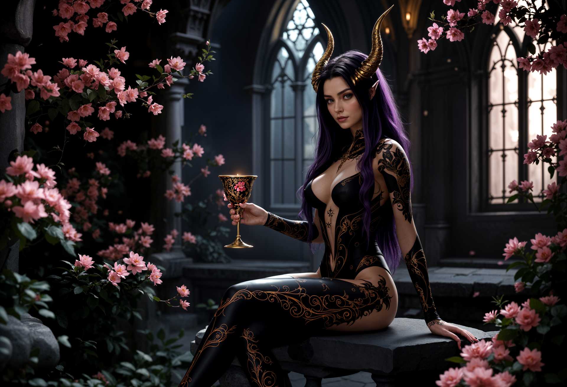 AI-generated image: Create a 3D rendered character seated on a stone bench, holding a goblet of red liquid in their righ