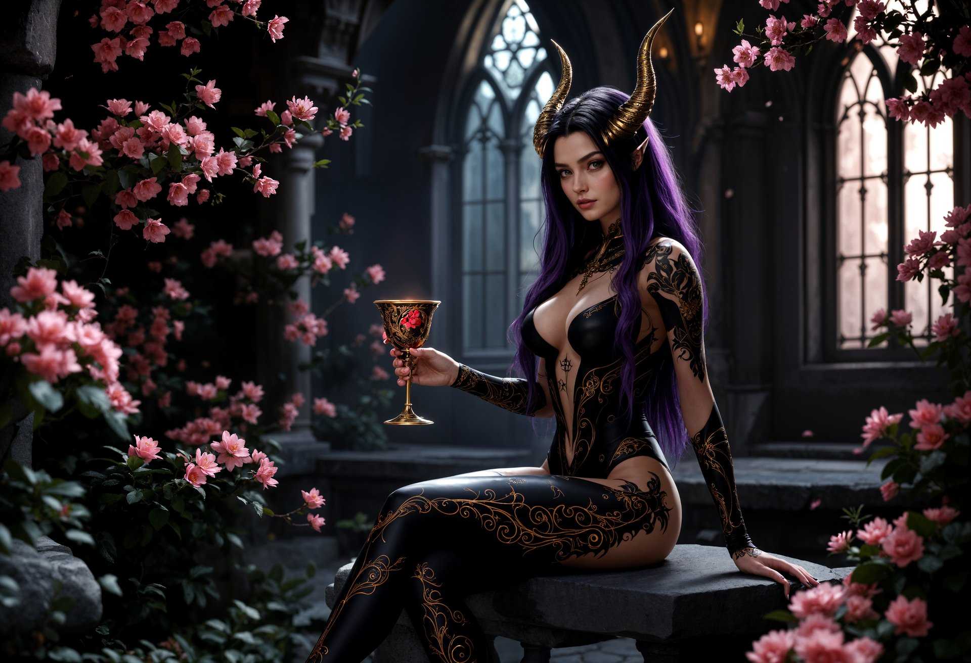 Create a 3D rendered character seated on a stone bench, holding a goblet of red liquid in their right hand. The character is wearing a black and purple bodysuit with intricate golden designs and tattoos that cover their arms and legs. They have long, flowing hair with purple and black tones and a horn protruding from the side of their head. The setting is a dark, mysterious room with gothic architecture, including pointed arches and iron bars on the windows. Surrounding the character are blooming pink flowers, and the overall atmosphere is one of fantasy and elegance.