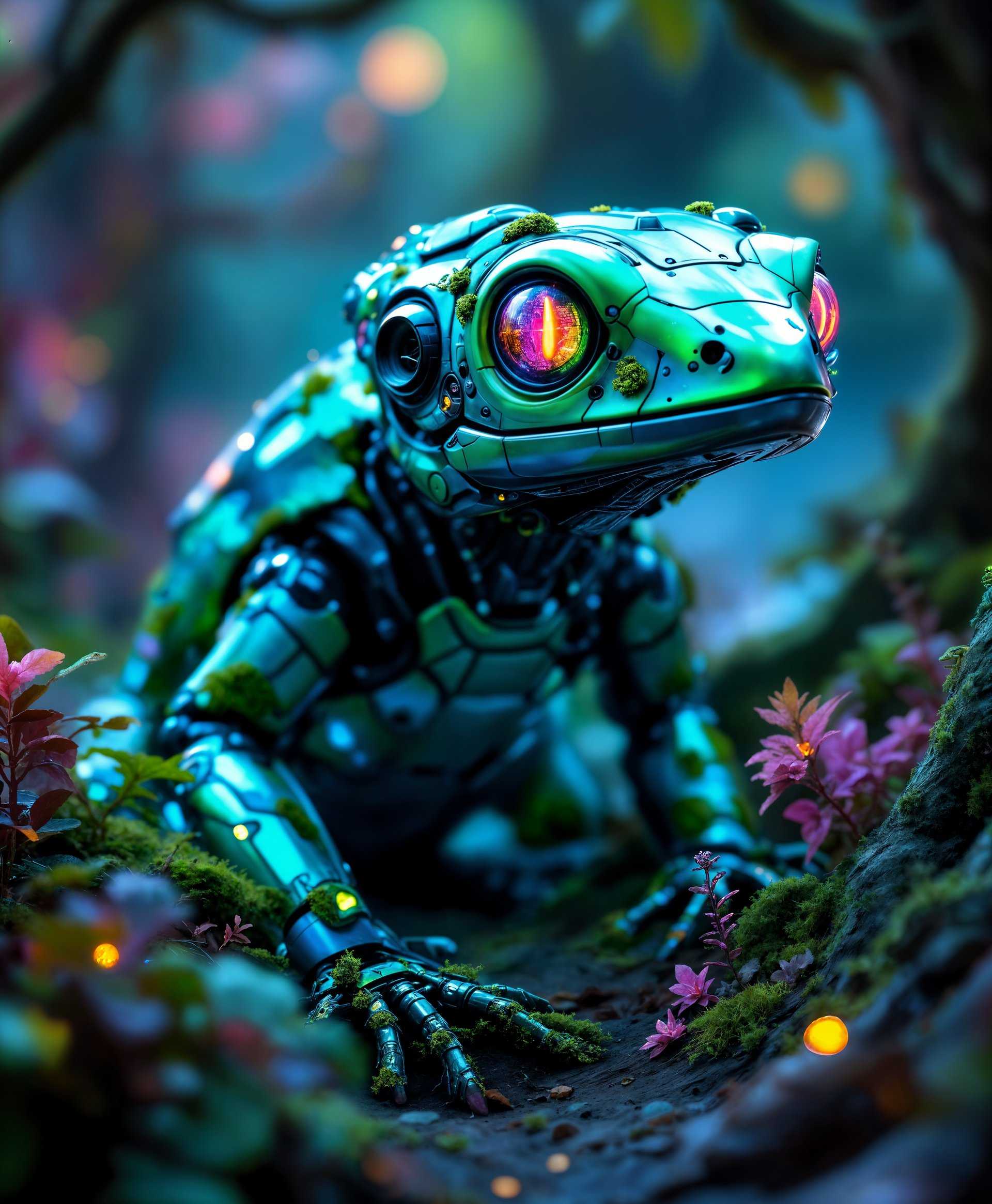 masterpiece, best quality, highres, sharp image, more detail, masterpiece, best quality, highres, sharp image, more detail, Create a highly detailed portrait of a **mecha Gecko** set in the **futuristic wild**. The scene should embody the following elements:

- **Subject**: A sleek, advanced mecha Gecko with metallic scales reflecting a blend of iridescent blues and greens. Its eyes are illuminated with a soft, neon glow, giving it a life-like, yet robotic appearance. The mechanical parts should show signs of wear, with rust and moss creeping over the joints, blending nature with technology.

- **Environment**: The wild around it is not just any wilderness but a **futuristic one**. Vegetation is overgrown with bioluminescent flora and fauna. Trees are towering, with branches entwined with glowing vines, creating a canopy that filters light in vibrant colors. The ground is littered with remnants of old technology, now part of the ecosystem, like half-buried circuit boards and defunct drones.

- **Visual Details**: 
  - **Texture**: The mecha Gecko's scales should appear smooth and metallic, contrasting with the rough, organic textures of the environment. Moss and rust provide a tactile contrast.
  - **Lighting**: The scene is illuminated by a setting sun, casting long shadows and highlighting the iridescence of the mecha's plating. Bioluminescent plants provide additional light sources, creating pockets of color in the twilight.
  - **Color Palette**: A mix of cool metallic hues with warm, earthy tones from the surrounding nature. Neon highlights from the bioluminescent elements add a futuristic touch.

- **Artistic Style**: Inspired by **Cyberpunk** with elements of **Biomechanical Art**, reminiscent of H.R. Giger's work, but with a more vibrant color scheme. The image should feel like a still from a sci-fi film, with a high level of detail akin to concept art.

- **Composition**: 
  - The mecha Gecko is the focal point, positioned centrally, with its head slightly turned to look at the viewer, creating a connection. 
  - The camera angle is low, looking up at the creature, emphasizing its imposing presence against the backdrop of the wild.
  - Framing includes elements of the futuristic flora and fauna encroaching into the frame, suggesting an environment reclaiming technology.

- **Mood and Atmosphere**: 
  - The mood is serene yet ominous, hinting at a world where nature and technology have merged in an uneasy truce. 
  - The atmosphere is dense with a mist, giving the scene a mystical, almost dreamlike quality, with the air filled with a subtle hum
