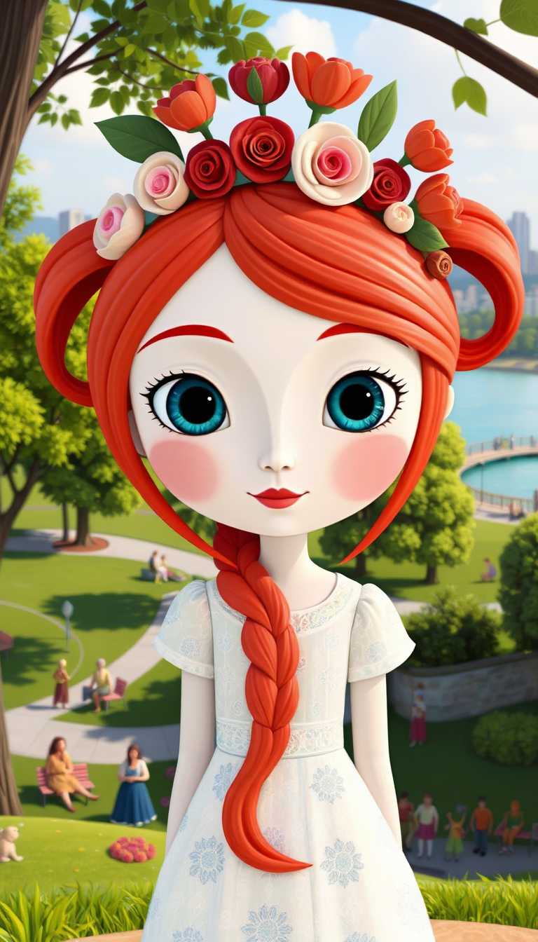 3d cartoon girl with striking red hair and pale blue eyes. She wears a white dress adorned with small blue patterns. A floral crown made of red and pink roses rests on her head. In the background, there's a lush green park with people leisurely enjoying the outdoors. A body of water, possibly a lake, is visible with distant buildings on the horizon. The overall atmosphere is serene and evokes a sense of a sunny day in a city park.