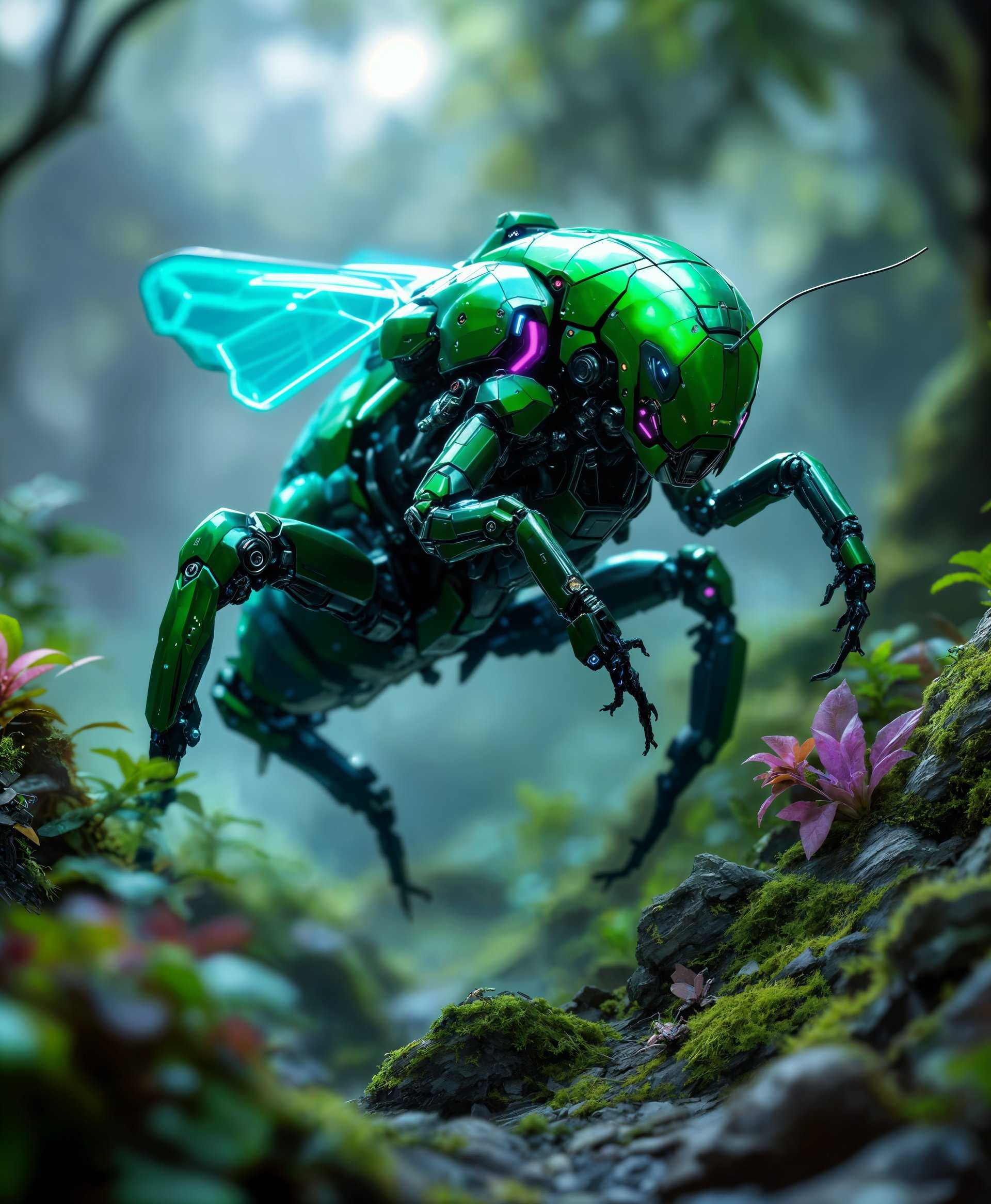 masterpiece, best quality, highres, sharp image, more detail, masterpiece, best quality, highres, sharp image, more detail, A highly detailed digital painting of a **Mecha Grasshopper** set in a futuristic wild landscape, **photorealistic** in style with elements of **cyberpunk** and **bio-mechanical** design. 

**Visual Details:**
- The mecha grasshopper features **metallic, iridescent green** armor with **mechanical legs** that mimic the structure of a grasshopper's limbs, complete with **hydraulic joints** and **servo motors**.
- Its body is adorned with **glowing neon lines** in shades of **blue and purple**, accentuating its cybernetic enhancements.
- The surrounding **wilderness** is a blend of **lush greenery** and **technological debris**, with **futuristic plants** and **moss-covered remnants of old machinery**.

**Composition:**
- The mecha grasshopper is **positioned in a dynamic pose**, mid-leap, with its body angled towards the viewer, showcasing its agility and power.
- **Depth of field** is used to focus sharply on the mecha while the background blurs slightly, emphasizing its prominence in the scene.
- The camera angle is **low** to give a sense of scale and grandeur to the mecha, with the landscape sprawling behind it.

**Mood and Atmosphere:**
- The scene evokes a **sense of solitude** in a post-apocalyptic world, where nature has begun to reclaim technology.
- **Dusk lighting** casts long shadows and highlights the neon glow of the mecha, creating a **moody** yet **futuristic** ambiance.
- The air is filled with a **light mist**, adding to the **mysterious** and **eerie** feel of the setting.

**Technical Aspects:**
- **HDRI** lighting to ensure the metallic surfaces reflect light realistically.
- **Bokeh** effect in the background to isolate the mecha from the environment.
- **Depth of field** and **focus stacking** to capture the intricate details of the mecha and the landscape.

**Cohesion:**
- The futuristic elements of the mecha blend seamlessly with the organic forms of the wild, creating a unified vision of a world where technology and nature coexist in an uneasy balance.