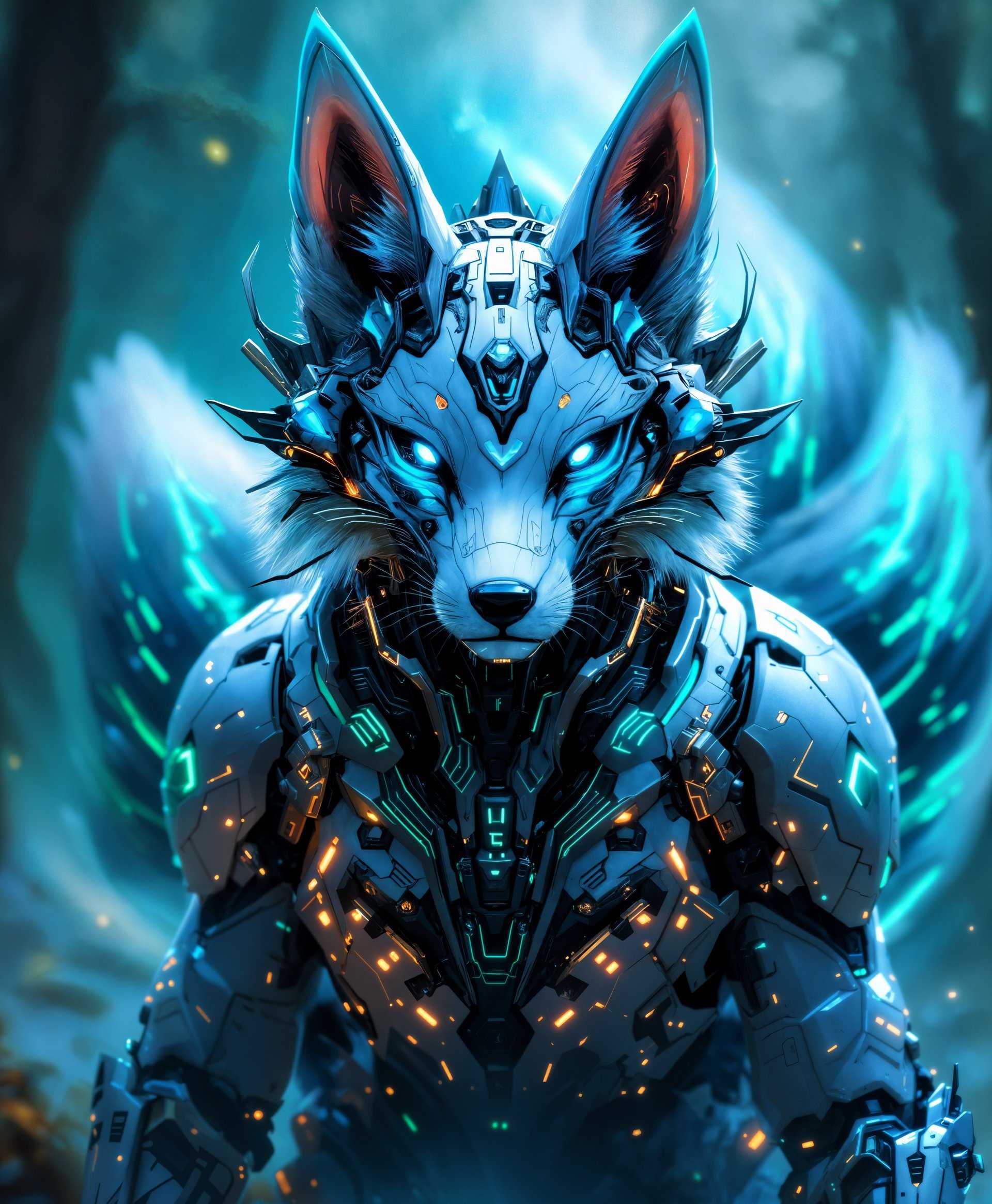 masterpiece, best quality, highres, sharp image, more detail, masterpiece, best quality, highres, sharp image, more detail, **Image Prompt:**

A highly detailed digital painting of a **Mecha Kitsune** in a **futuristic wilderness**:

- **Subject:** A majestic, futuristic mecha Kitsune with sleek, metallic fur that shimmers in shades of silver, blue, and neon green. Its nine tails are intricately designed with glowing, luminescent lines running through them, each tail showcasing unique mechanical components.

- **Visual Details:** 
  - The Kitsune's eyes are large, expressive, and emit a soft, glowing light, with intricate iris patterns that mimic digital displays. 
  - Its armor plating has a reflective quality, with subtle engravings of traditional Japanese motifs overlaid with modern circuitry patterns.
  - The mechanical parts are visible through transparent sections of the armor, revealing the inner workings of the machinery with a high level of detail.

- **Style:** 
  - The image adopts a cyberpunk aesthetic, with elements of traditional Japanese art. 
  - The style merges the fluidity of sumi-e ink paintings with the crisp, clean lines of vector art, creating a harmonious blend of ancient and futuristic.

- **Composition:** 
  - The Kitsune is positioned in a dynamic pose, as if it is about to leap or run, with its tails spread out in an arc, framing the subject in a visually appealing manner. 
  - The camera angle is low, emphasizing the Kitsune's grandeur and the vastness of the environment behind it.

- **Mood and Atmosphere:** 
  - The scene is set at twilight, with the sky painted in hues of deep purples and electric blues, illuminated by a setting sun that casts long, eerie shadows and highlights the futuristic elements.
  - The atmosphere is charged with a sense of mystery and anticipation, with the air thick with the promise of adventure and unknown dangers lurking in the wilderness.

- **Technical Aspects:** 
  - High dynamic range (HDR) to capture the contrast between the bright mechanical parts and the darker natural surroundings.
  - Depth of field focuses sharply on the Kitsune while the background blurs into a soft, dreamy landscape, enhancing the subject's prominence.

- **Cohesion:** 
  - All elements are designed to create a believable, immersive scene where the ancient spirit of the Kitsune is reimagined in a future where technology and nature coexist in a symbiotic relationship.