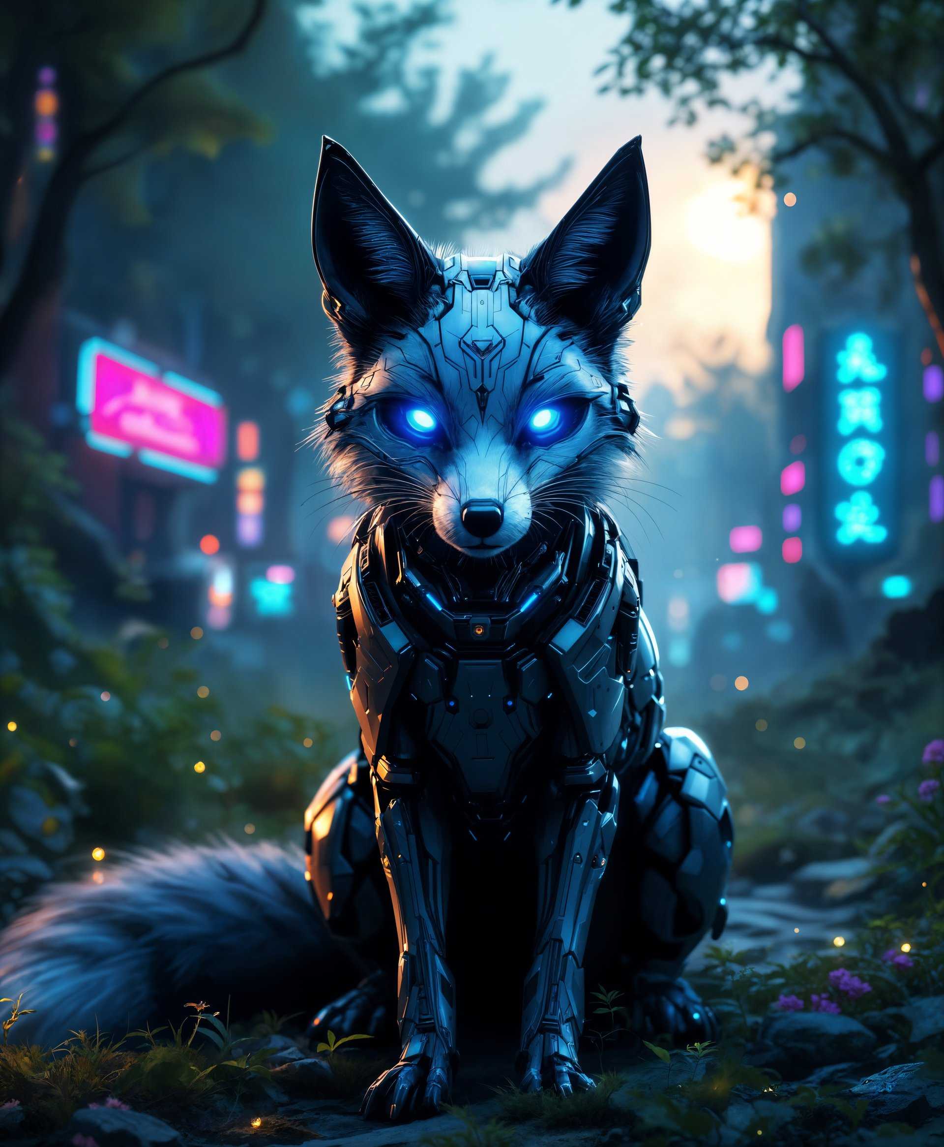 masterpiece, best quality, highres, sharp image, more detail, masterpiece, best quality, highres, sharp image, more detail, Generate a highly detailed portrait of a **Mecha Fox** in a **futuristic wild** setting:

- **Subject**: A sleek, metallic mecha fox, with glowing blue eyes, intricate circuitry patterns etched into its mechanical fur, and subtle steam vents along its spine. 
- **Environment**: The fox is nestled amidst a landscape where nature and technology coexist; bioluminescent flora and fauna contrast with the steel and neon of futuristic ruins.
- **Lighting**: Soft, ambient light from the setting sun filters through the canopy of metallic trees, casting a warm glow on the scene, while neon signs flicker in the background, adding a cool, artificial contrast.
- **Style**: Employ a cyberpunk aesthetic, with elements reminiscent of Syd Mead's detailed futuristic cityscapes, combined with the organic beauty of nature, akin to the works of Yoshitaka Amano.
- **Composition**: The mecha fox is positioned centrally, its gaze directed towards the viewer, with the camera at ground level to capture the scale of the environment. The background subtly fades into a mix of organic and artificial elements, creating depth.
- **Mood and Atmosphere**: The scene exudes a serene yet technologically advanced atmosphere, with a hint of mystery. The air is filled with a soft hum of machinery and the distant calls of futuristic wildlife.
- **Technical Aspects**: Utilize macro photography techniques to highlight the intricate mechanical details of the fox, with a shallow depth of field to blur the background. Use a high-resolution render to capture every texture and light interaction.

The prompt should evoke a sense of wonder, blending the boundaries between the organic and the artificial in a visually stunning, harmonious tableau.