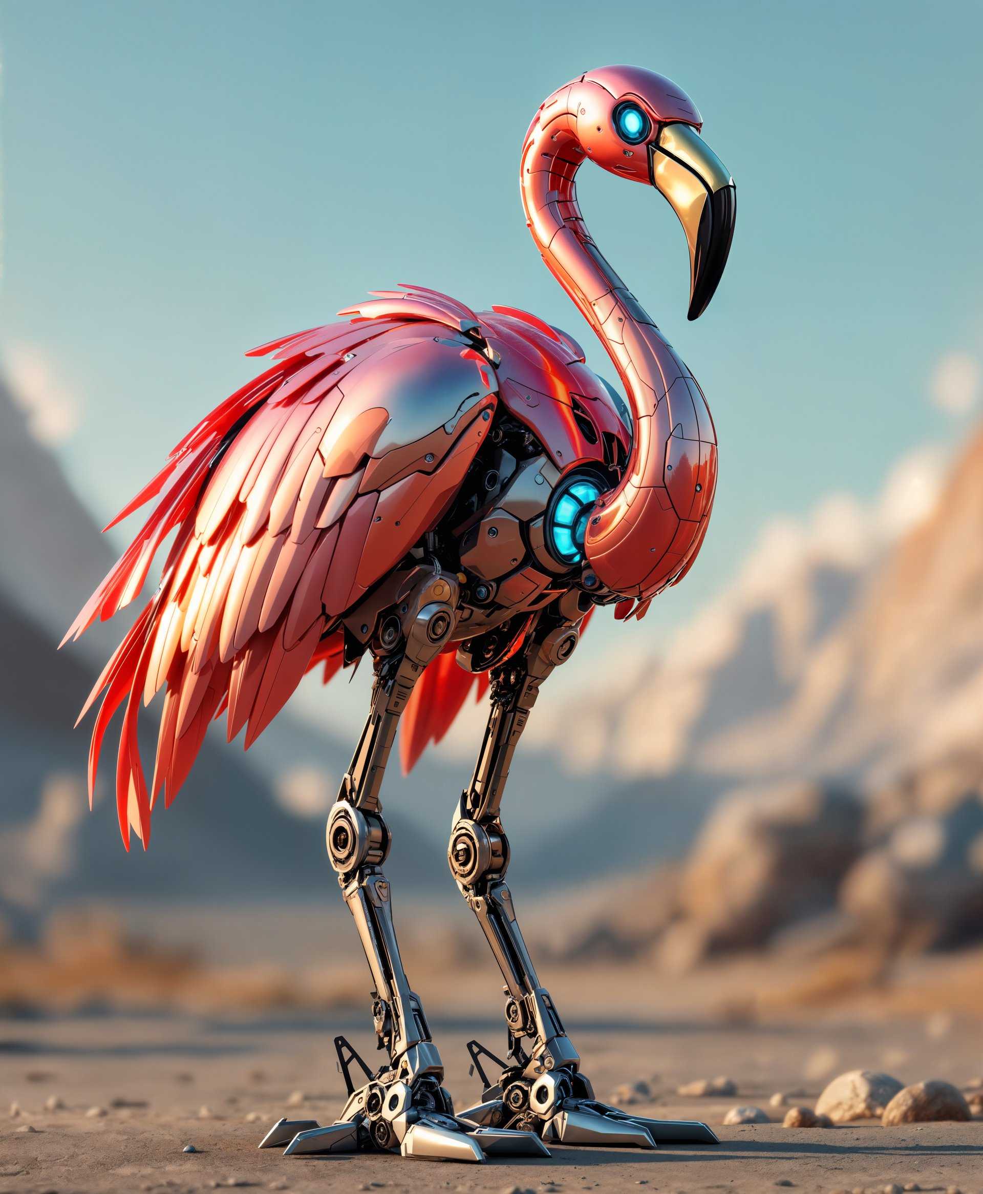 masterpiece, best quality, highres, sharp image, more detail, masterpiece, best quality, highres, sharp image, more detail, **Subject:** A highly detailed portrait of a mecha Flamingo

**Visual Details:**
- The mecha Flamingo's feathers are replaced with sleek, metallic panels that mimic the natural curve of feathers, reflecting a vibrant mix of pinks, oranges, and silver under the sun. 
- The eyes are glowing with an internal blue light, suggesting advanced AI capabilities.
- Its beak is sharp, metallic, with intricate mechanical details, showing gears and hydraulic systems beneath a transparent shield.

**Style:**
- Futuristic and hyperrealistic, inspired by the works of Syd Mead, with a nod to the vibrant color palettes of contemporary digital art.

**Composition:**
- The mecha Flamingo is positioned centrally, its head turned slightly to the side, giving a profile view that highlights its mechanical intricacies.
- Camera angle is low, looking up to emphasize the grandeur and imposing presence of the mecha bird.
- Framing includes a shallow depth of field, with the background slightly blurred to focus on the subject.

**Mood and Atmosphere:**
- The scene is set in a futuristic wild, where nature has been augmented with technology. The light is golden, suggesting either dawn or dusk, casting long shadows and creating a serene, yet slightly ominous atmosphere.
- The air is filled with a subtle, shimmering mist, adding to the surreal, almost dreamlike quality of the environment.

**Technical Aspects:**
- Utilize techniques like depth of field, HDR for enhanced color vibrancy, and lens flares to capture the essence of advanced technology in a natural setting.
- Lighting should mimic natural sunlight but with an added futuristic glow, perhaps from nearby tech installations.

**Cohesion:**
- All elements blend to create a believable scene where technology seamlessly integrates with nature, showcasing a future where mechanical beings and organic life coexist harmoniously.