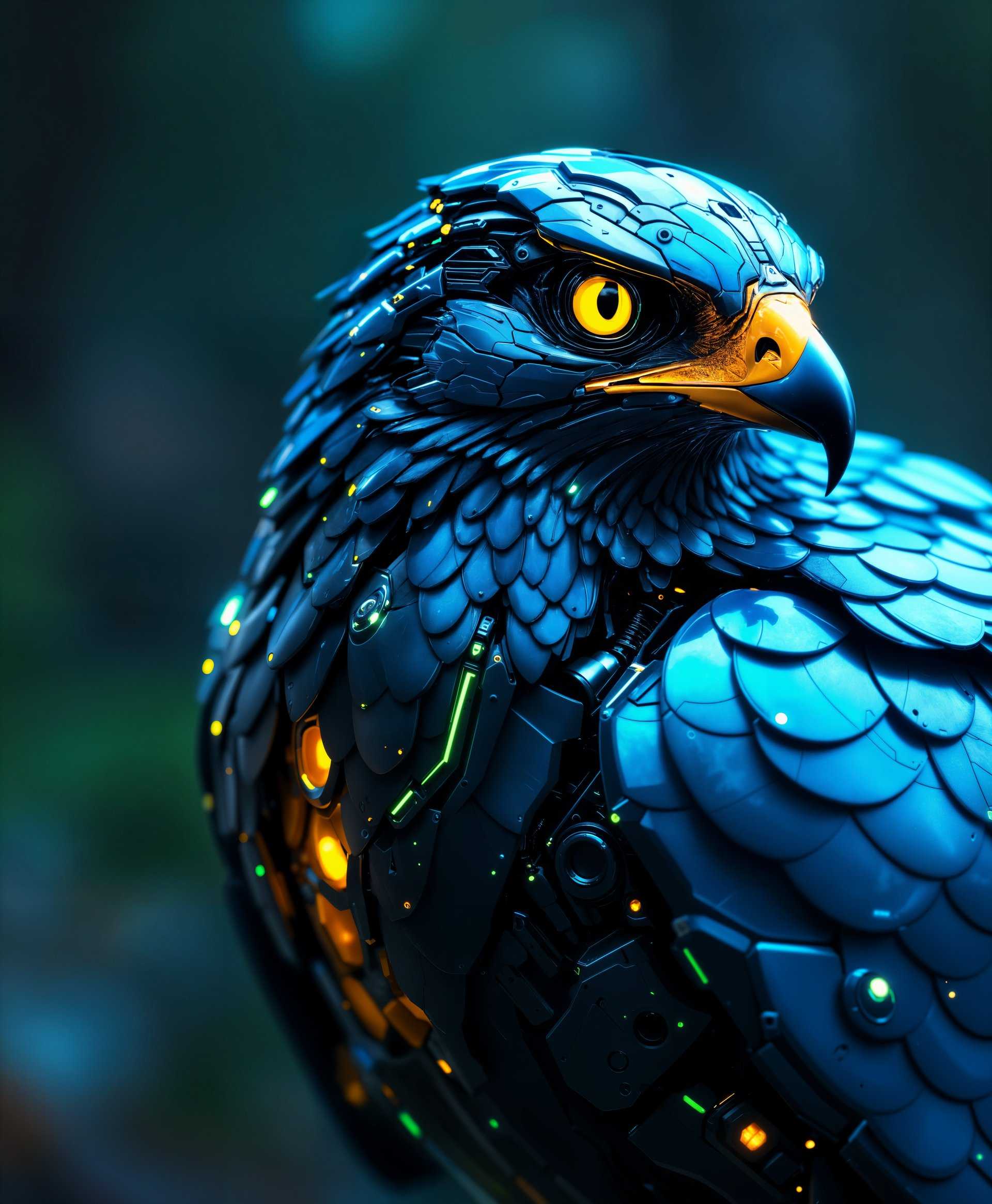 masterpiece, best quality, highres, sharp image, more detail, masterpiece, best quality, highres, sharp image, more detail, ```plaintext
Create a highly detailed portrait of a **mecha Falcon** in the **futuristic wild**:

- **Visual Details**: 
  - The falcon's body is constructed from sleek, metallic alloys with visible mechanical joints and pistons, reflecting a high-tech, futuristic design. 
  - Incorporate iridescent blue and silver coloring, with accents of neon green lighting along the edges and joints, giving a cyberpunk feel.
  - The feathers are replaced by overlapping, scale-like metal plates, providing a sense of aerodynamic efficiency and futuristic aesthetic.
  - Its eyes glow with a piercing, bright yellow light, enhancing its predatory look.

- **Style**: 
  - Capture the essence of **cyberpunk** with high contrast, vibrant neon lighting against darker, more muted backgrounds. 
  - Use a **hyper-realistic** style, focusing on the intricate details of the mecha's construction.

- **Composition**: 
  - Position the mecha falcon in a mid-flight pose, wings partially spread, showing off its mechanical prowess.
  - Camera angle should be from a low perspective, looking up to emphasize the falcon's imposing presence against the backdrop of the wild.
  - The falcon should be the focal point, with the environment subtly framing it.

- **Mood and Atmosphere**: 
  - Set the scene at **dusk**, with the horizon line showcasing the transition from day to night, creating a dramatic contrast between light and shadow.
  - The atmosphere should be **mystical and otherworldly**, with hints of fog or mist in the air, adding depth and mystery.
  - The wild should be a mix of natural elements with futuristic touches, like bioluminescent plants or glowing fungi.

- **Technical Aspects**: 
  - Employ **depth of field** to keep the mecha falcon in sharp focus while allowing the background to blur slightly, enhancing the focus on the subject.
  - Use **high dynamic range (HDR)** techniques to capture the full range of light and shadow, highlighting the intricate details of the mecha's construction.

- **Cohesion**: 
  - Ensure that the futuristic elements blend seamlessly with the natural environment, creating a harmonious scene where technology and nature coexist in a balanced ecosystem.
```