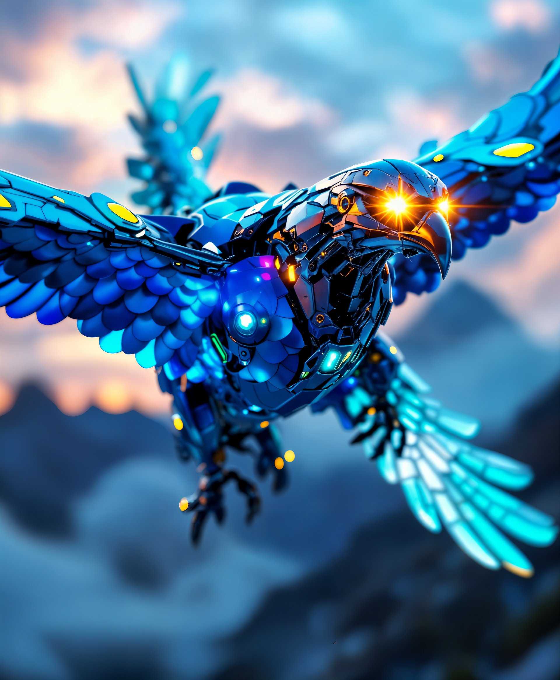 masterpiece, best quality, highres, sharp image, more detail, masterpiece, best quality, highres, sharp image, more detail, ```plaintext
Create a highly detailed portrait of a **mecha Falcon** in the **futuristic wild**:

- **Visual Details**: 
  - The falcon's body is constructed from sleek, metallic alloys with visible mechanical joints and pistons, reflecting a high-tech, futuristic design. 
  - Incorporate iridescent blue and silver coloring, with accents of neon green lighting along the edges and joints, giving a cyberpunk feel.
  - The feathers are replaced by overlapping, scale-like metal plates, providing a sense of aerodynamic efficiency and futuristic aesthetic.
  - Its eyes glow with a piercing, bright yellow light, enhancing its predatory look.

- **Style**: 
  - Capture the essence of **cyberpunk** with high contrast, vibrant neon lighting against darker, more muted backgrounds. 
  - Use a **hyper-realistic** style, focusing on the intricate details of the mecha's construction.

- **Composition**: 
  - Position the mecha falcon in a mid-flight pose, wings partially spread, showing off its mechanical prowess.
  - Camera angle should be from a low perspective, looking up to emphasize the falcon's imposing presence against the backdrop of the wild.
  - The falcon should be the focal point, with the environment subtly framing it.

- **Mood and Atmosphere**: 
  - Set the scene at **dusk**, with the horizon line showcasing the transition from day to night, creating a dramatic contrast between light and shadow.
  - The atmosphere should be **mystical and otherworldly**, with hints of fog or mist in the air, adding depth and mystery.
  - The wild should be a mix of natural elements with futuristic touches, like bioluminescent plants or glowing fungi.

- **Technical Aspects**: 
  - Employ **depth of field** to keep the mecha falcon in sharp focus while allowing the background to blur slightly, enhancing the focus on the subject.
  - Use **high dynamic range (HDR)** techniques to capture the full range of light and shadow, highlighting the intricate details of the mecha's construction.

- **Cohesion**: 
  - Ensure that the futuristic elements blend seamlessly with the natural environment, creating a harmonious scene where technology and nature coexist in a balanced ecosystem.
```