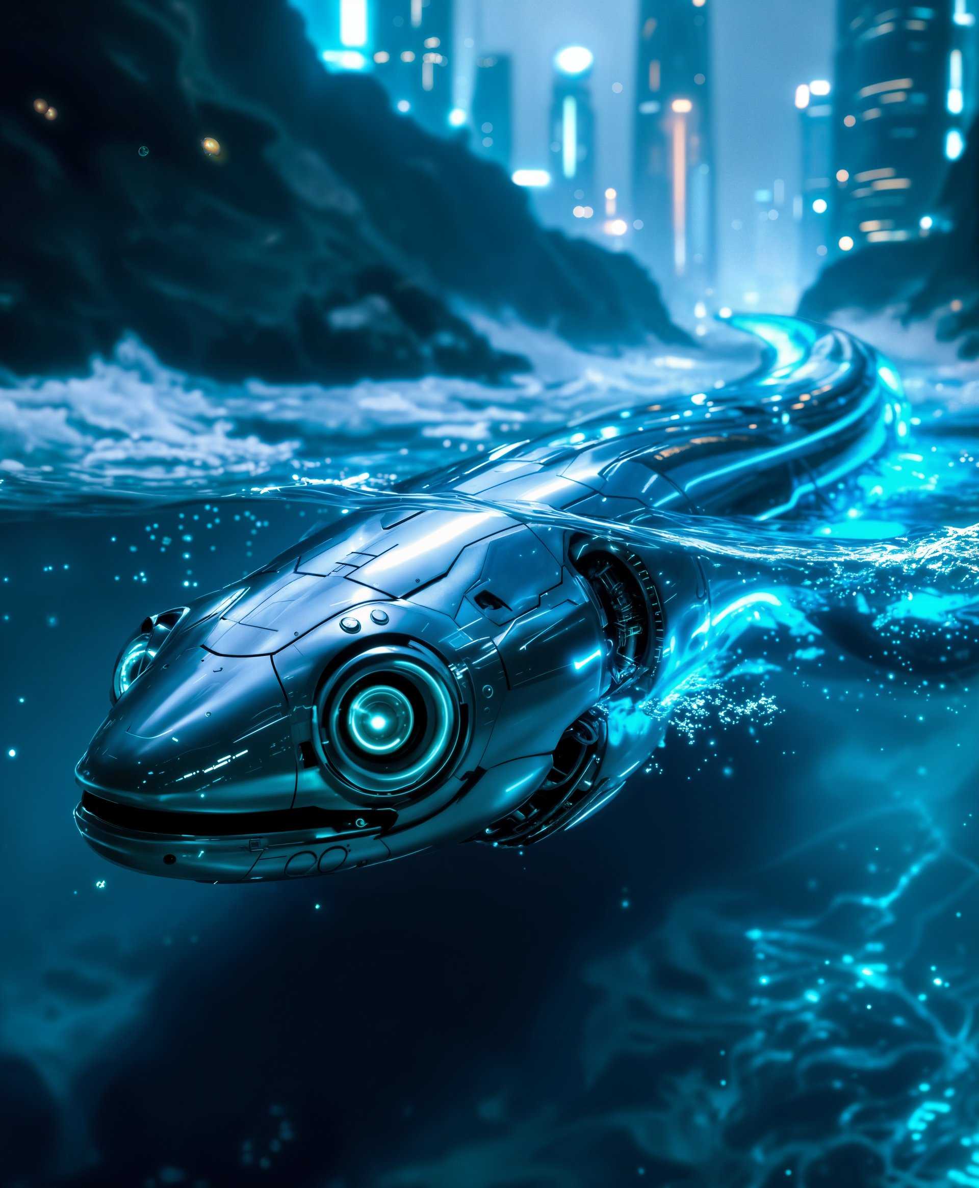 masterpiece, best quality, highres, sharp image, more detail, masterpiece, best quality, highres, sharp image, more detail, A highly detailed portrait of a sleek, chrome-plated mecha eel, its body adorned with intricate mechanical patterns and bioluminescent lines that glow with an ethereal blue light. The eel is set against the backdrop of a futuristic wild sea, where waves crash against towering, neon-lit skyscrapers that rise from the ocean depths. The water is a deep, iridescent turquoise, reflecting the city's lights, creating a mesmerizing interplay of light and shadow. 

**Visual Details:**
- The mecha eel has a smooth, reflective surface with visible mechanical joints, giving it a lifelike yet artificial appearance. 
- Its eyes are large, glowing orbs, emitting a soft, pulsating light that pierces through the water.
- The water around the eel is filled with micro-organisms that glow with bioluminescence, enhancing the otherworldly atmosphere.

**Style:**
- Cyberpunk aesthetic with elements of deep-sea photography, reminiscent of Tsutomu Nihei's intricate mechanical designs and the dark, vibrant worlds of Syd Mead.

**Composition:**
- The mecha eel is positioned diagonally in the frame, its tail trailing off into the dark depths, while its head faces the viewer, creating a sense of interaction.
- The camera angle is slightly below the eel, capturing its full length, with the towering structures of the underwater city in the background.

**Mood and Atmosphere:**
- The scene exudes a sense of solitude amidst the bustling future, with the eel as the lone sentinel of this wild, untamed sea.
- The time is twilight, with the city lights beginning to dominate the fading daylight, casting long, distorted reflections in the water.

**Technical Aspects:**
- High dynamic range (HDR) to capture the contrast between the dark sea and the bright city lights.
- Use of long exposure to create motion blur in the water, emphasizing the dynamic movement of the eel.

**Cohesion:**
- The futuristic cityscape and the mecha eel are seamlessly integrated, with the city's architecture echoing the eel's mechanical design, creating a unified, immersive underwater metropolis.