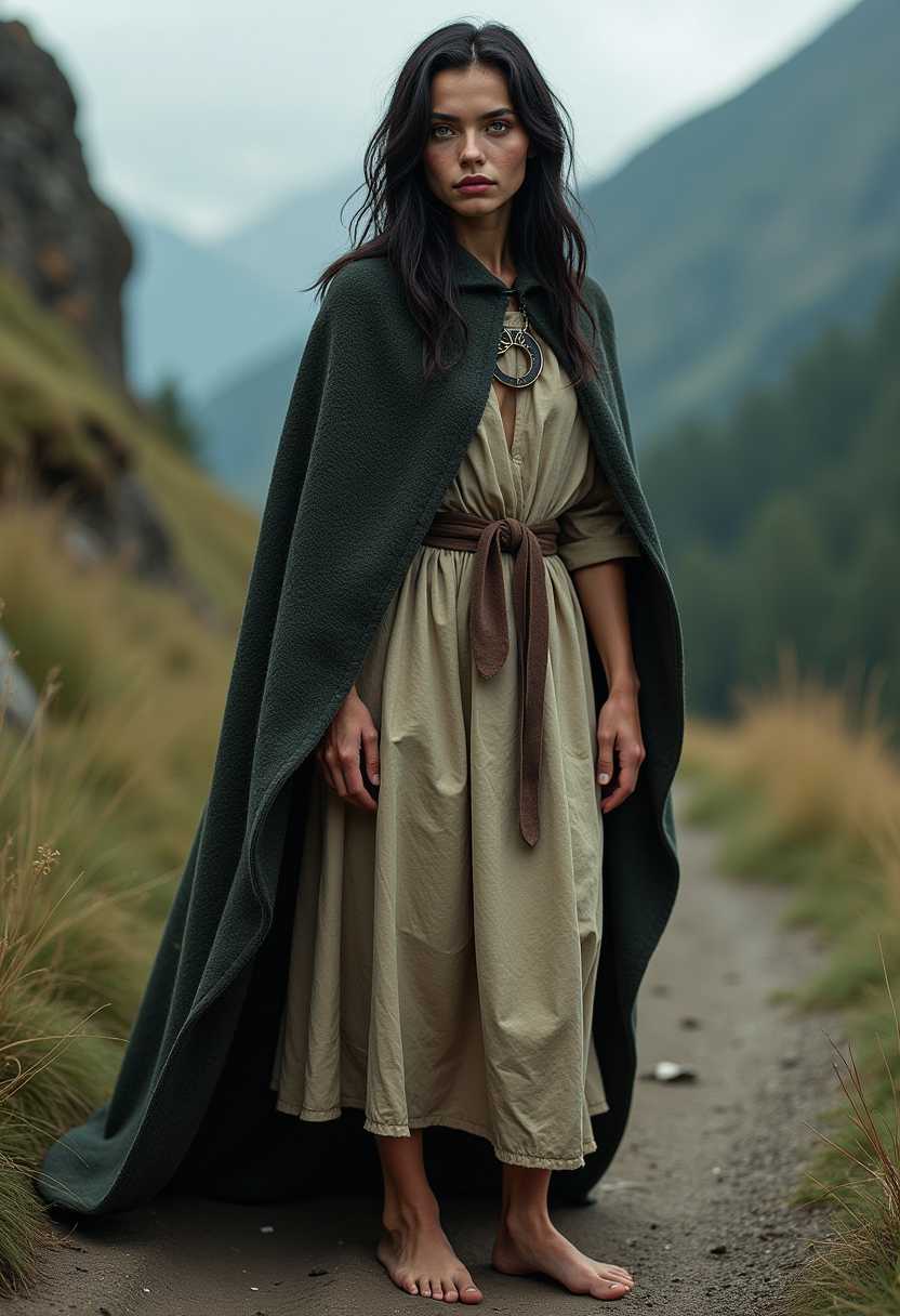 A detailed portrait of an **adult woman** with the following characteristics:

- **Barefoot** on a **remote mountain path** at **dusk**, with **exhausted** and **contemplative** expression.
- **Wearing a thick metal neck collar**, emphasizing her **malnourished** and **frail physique**.
- **Face**: Heart-shaped with **upturned eyes** of a vibrant **green**, **sparse eyebrows**, **sharp chin**, **strong jawline**, **narrow lips**, and a **snub nose**. Her **porcelain skin** contrasts with **wavy black hair** that frames her face.
- **Clothing**: A **threadbare cloak** over a **coarse wool blouse** and **tattered dress**, highlighting her **threadbare** condition.

**Visual Details**: 
- The **cloak** is tattered at the edges, with **moth holes** visible in the fabric. 
- Her **hair** has a **slight sheen** under the soft, **diffused light** of the setting sun, catching **orange hues** from the twilight.
- Her **eyes** reflect the last light of day, with a **haunted** look, suggesting a **weariness beyond physical exhaustion**.

**Style**: 
- Capture this in a **realistic** style, reminiscent of **early 20th-century portrait photography**, with a **high dynamic range** to emphasize the texture of her clothing and the starkness of her environment.

**Composition**: 
- **Camera angle** is slightly above eye level, looking down at her, conveying her vulnerability. 
- The **subject** is positioned to the left, looking off into the distance, with the **path** and **mountain** landscape stretching out to the right, creating a sense of journey and solitude.

**Mood and Atmosphere**: 
- The **mood** is somber, with the **atmosphere** thick with **mist** and the **air** cool and **moist**. 
- The **lighting** is **soft** and **directional**, with the **sun** setting behind her, casting long shadows that enhance the **dramatic** and **melancholic** feel.

**Technical Aspects**: 
- Utilize **depth of field** to blur the background slightly, focusing on the **woman**'s **face** and **collar**, which remains in sharp focus. 
- Employ **color grading** to enhance the **cool** tones of the scene, with **green