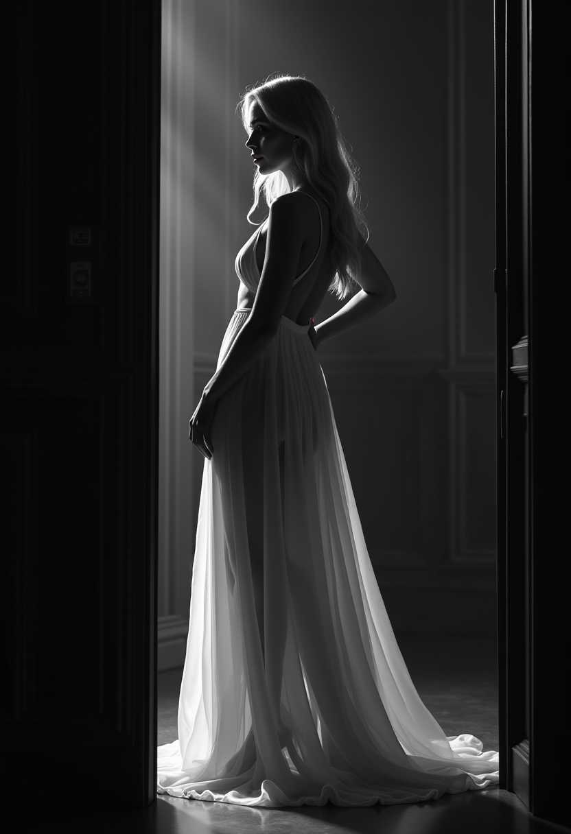 A stunningly beautiful **blonde woman** with a **slender, sensual figure** stands **poised in a dimly lit room**. She wears a **translucent white chiffon dress** that subtly reveals her form beneath, enhancing the **allure and mystique**. 

**Visual Details:**
- **Chiffon Dress:** The fabric is light and airy, flowing around her in a gentle cascade, creating a play of light and shadow that accentuates her silhouette.
- **Black and White:** The scene is rendered in a monochromatic palette with **high contrast**, where the whites glow and the blacks are deep and rich, capturing the essence of film noir.
- **Hair:** Her blonde hair cascades in loose, glamorous waves, framing her face with a soft glow.

**Style:**
- **Sin City Movie Style:** The image captures the essence of the movie's **stylized noir** aesthetic, with sharp contrasts and a focus on texture and form, inspired by the **Sin_City_Movie_Style_SDXL lora** to give it a unique, graphic novel-like quality.

**Composition:**
- **Subject Positioning:** She stands slightly to the side, one hand on her hip, her gaze directed away from the camera, inviting the viewer to ponder her thoughts or the scene beyond her.
- **Camera Angle:** A low-angle shot adds to her stature and allure, with the camera capturing her from below to enhance her presence.

**Mood and Atmosphere:**
- **Dark Room:** The room is shrouded in darkness, with only a few strategic light sources casting dramatic shadows, creating a mood of mystery and seduction.
- **Ambiance:** The ambiance is one of **intrigue and allure**, the dim lighting and high contrast giving the scene a dreamlike, almost otherworldly feel.

**Technical Aspects:**
- **Lighting:** Employ **chiaroscuro** techniques with stark contrasts between light and dark, highlighting her figure against the shadowy background.
- **Photography Technique:** Use of **long exposure** to capture the movement of the chiffon, creating a ghostly, ethereal effect around her form.

**Cohesion:**
- All elements are crafted to evoke a **seamless blend of reality and fantasy**, where the woman becomes an iconic figure in a timeless, yet instantly recognizable, noir setting.