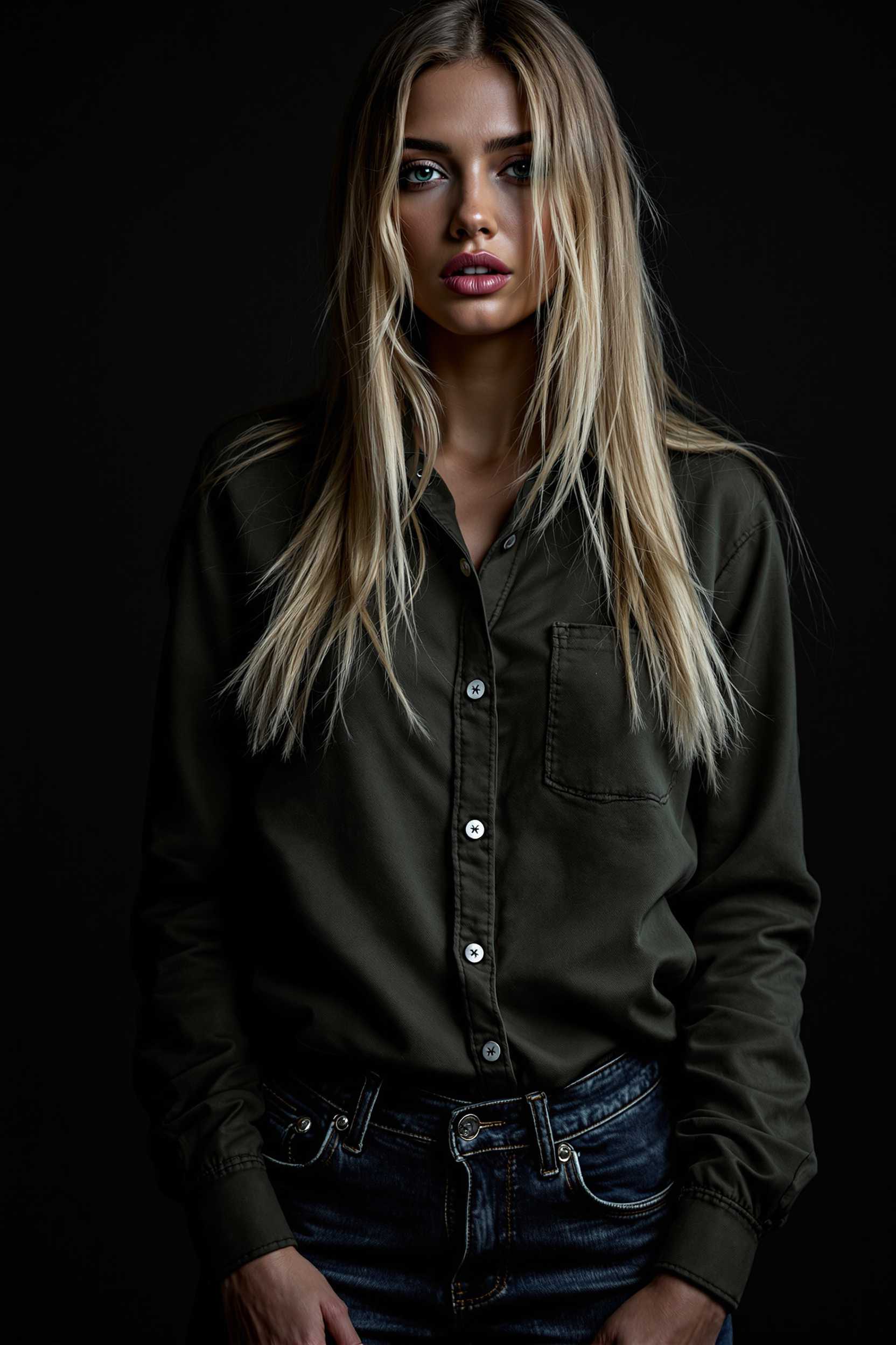 score_9, score_8_up, score_7_up, high fashion photography photo of a Dutch woman, straight blonde hair, long sleeve button-up shirt and jeans, high-quality, super-detailed, in the style of dark cinematic fine-art portraits, dramatic lighting, soft shadows, rich textures, moody atmosphere