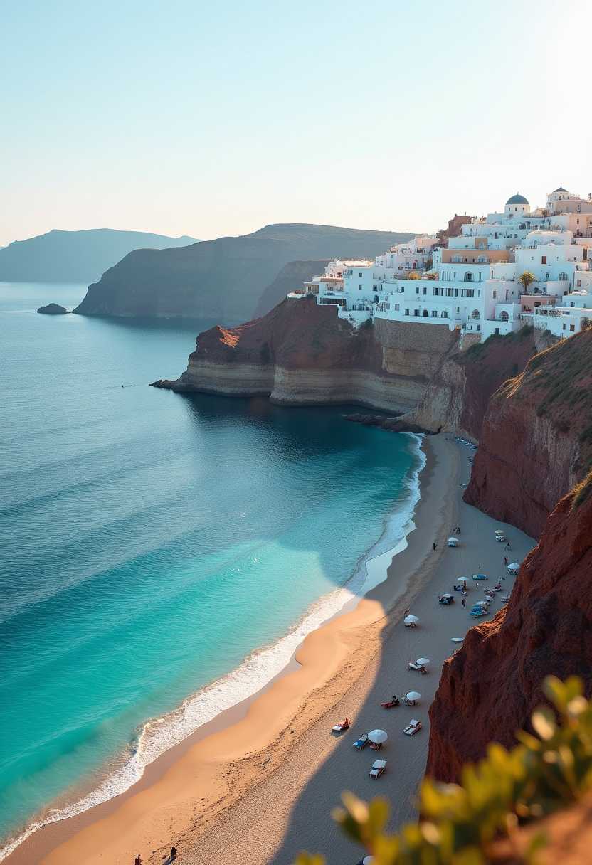 **Subject:** Vychada beach in Santorini, Greece

**Visual Details:**
- **Colors:** Predominantly blue and white; the azure sea, the clear sky, and the iconic white-washed buildings of Santorini.
- **Textures:** The soft, fine volcanic sand of the beach, contrasted with the rugged, rocky cliffs.
- **Lighting:** Golden hour lighting, casting long shadows and bathing the scene in warm, soft light with vibrant sunsets.

**Style:**
- Capture the essence of Mediterranean beauty with elements reminiscent of Greek island art, focusing on naturalistic colors and serene landscapes.

**Composition:**
- A wide-angle shot encompassing the curve of the beach, with the sea to one side and the cliffs leading up to white buildings on the other.
- Foreground features the beach with gentle waves lapping at the shore, middle ground includes scattered sunbathers and umbrellas, and the background shows the iconic cliffside architecture of Santorini.

**Mood and Atmosphere:**
- **Time of Day:** Late afternoon, transitioning into evening for a serene, tranquil atmosphere.
- **Weather:** Clear skies with a hint of the sea breeze, creating a slight motion blur in the water.
- **Ambiance:** Peaceful, inviting, with an underlying sense of timeless beauty and relaxation.

**Technical Aspects:**
- **Depth of Field:** Use a shallow depth of field to focus on the beach while keeping the background buildings slightly blurred.
- **Lens:** Wide-angle lens to capture the expansive view and the grandeur of the landscape.
- **Film Simulation:** Apply a filmic look reminiscent of 35mm film for a nostalgic yet vibrant aesthetic.

**Cohesion:** 
- Ensure the warm glow of the setting sun unifies the scene, from the sea to the cliffs, creating a harmonious blend of nature and human habitation.