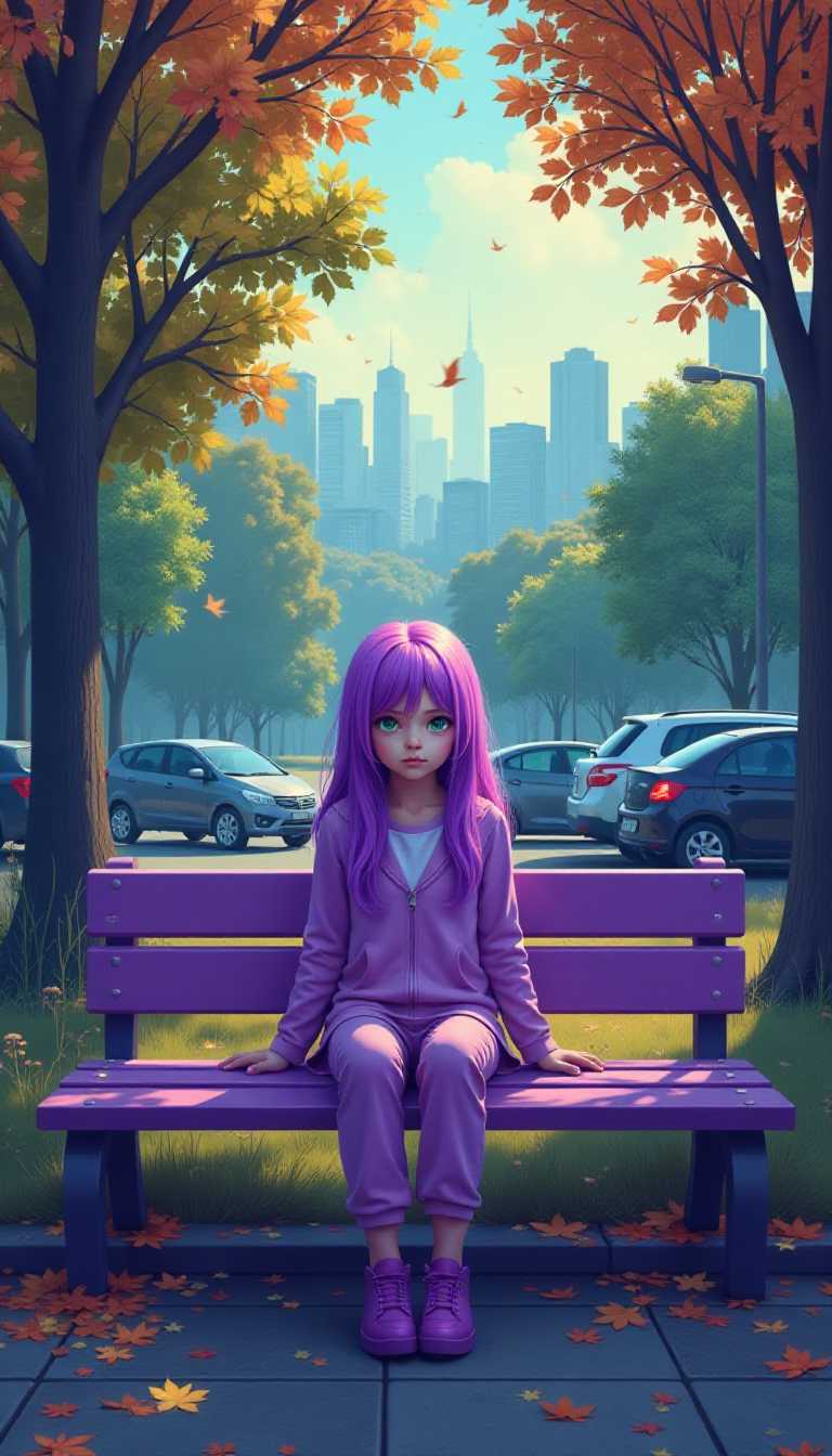 This image is a digitally created artwork that presents a surreal and stylized scene. The art style is reminiscent of a digital painting, with a focus on vibrant colors and a dreamlike quality. The medium appears to be a digital painting software, given the smooth blending of colors and the lack of texture that one might expect from traditional painting mediums.The colors in the image are bold and saturated, with a predominance of purples and blues that give the scene a cool and ethereal feel. The subject is looking at the camera, green eyes. The subjects hair is a striking shade of purple, which stands out against the softer tones of the clothing and the background. The bench and the subjects clothing are a shade of purple that complements the hair, while the background is a mix of greens and yellows, suggesting a setting that could be either early morning or late afternoon.The objects in the image include a purple bench on which the subject is seated, a variety of trees with detailed foliage, and a cityscape in the distance. The cityscape is composed of buildings and parked cars, which are rendered in a more subdued palette to contrast with the vivid foreground. There are also fallen leaves scattered on the ground, adding to the autumnal ambiance of the scene.The composition of the image is balanced, with the subject centrally placed and the background receding into a soft focus. 