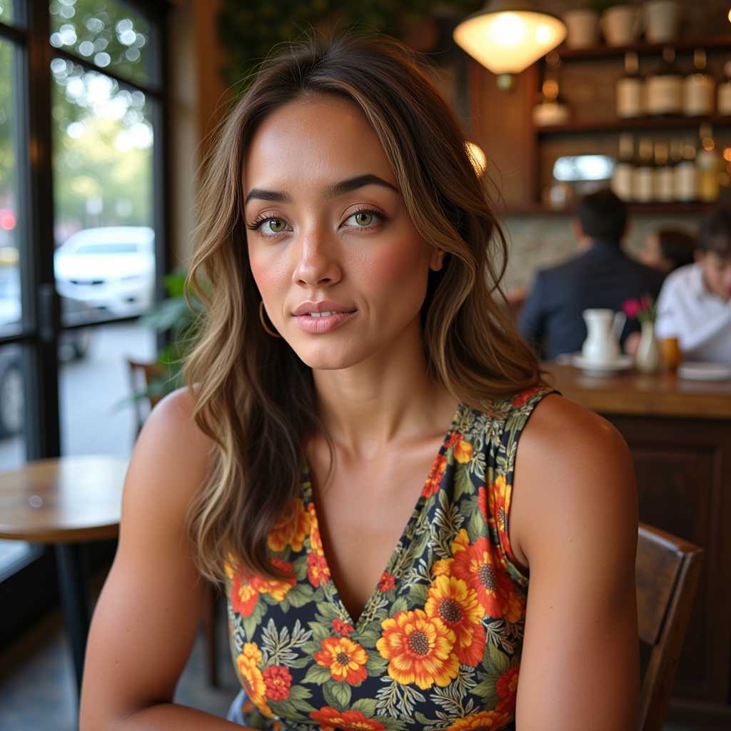  a photo of TOKALEMAP woman, sitting in a cafe