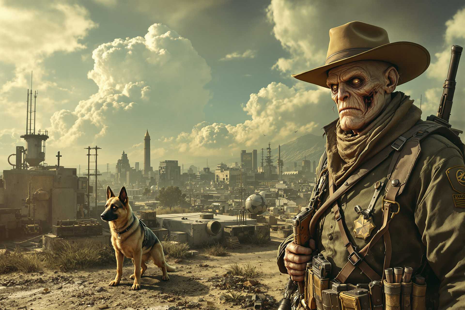 Panoramic view of a Vault-Tec style of Fallout, a close up of The Ghoul, with a cowboy hat, ghoulish looking face, wrinkled melatonin skin, with his young German Shepherd military puppy dog, bandolier with a long duster, six gun and belt. atomic cloud, dirty, a dystopian Los Angeles, CA landscape
